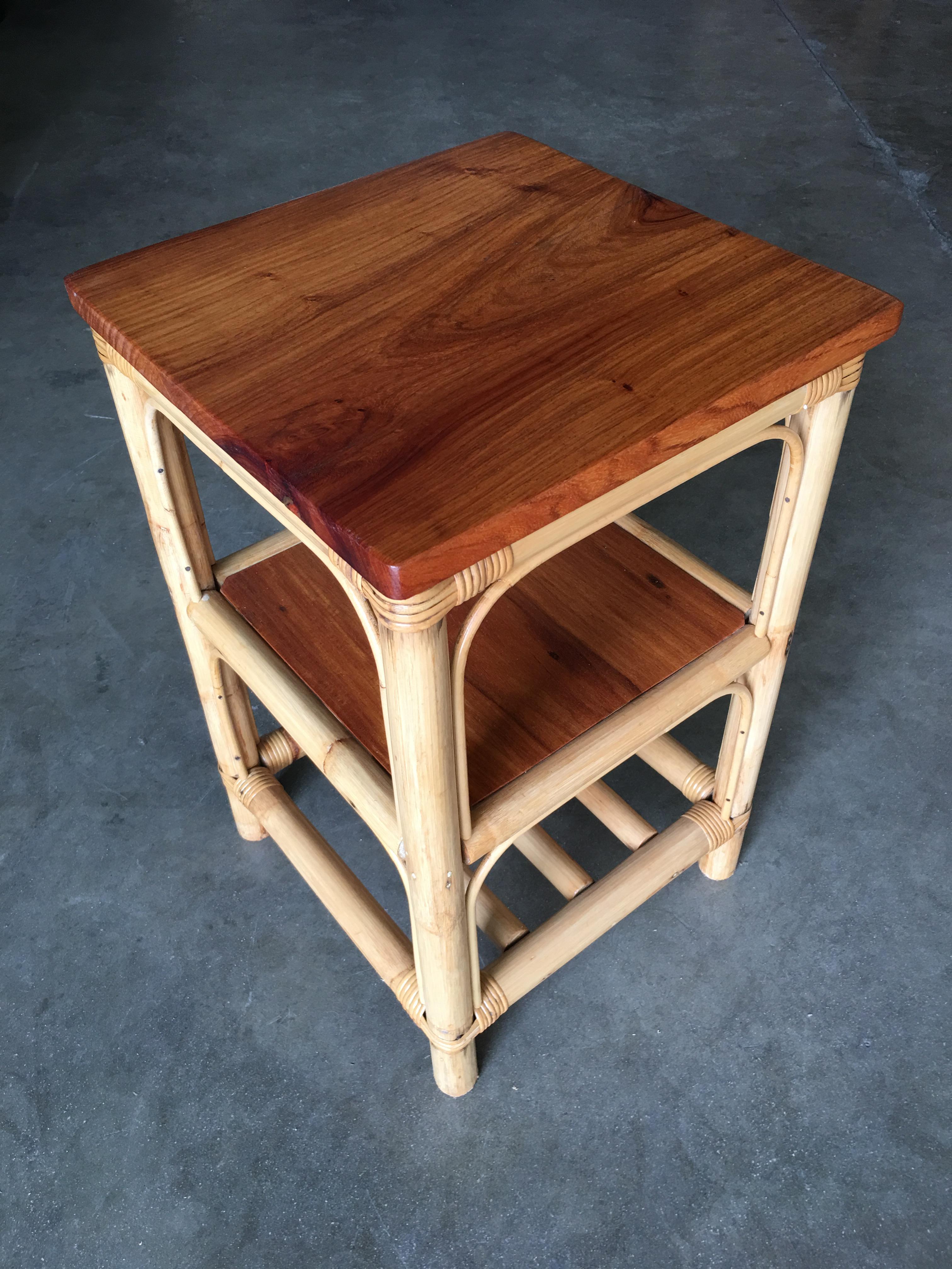 American Restored Rattan Square Side Table with Acacia Koa Wood Top 