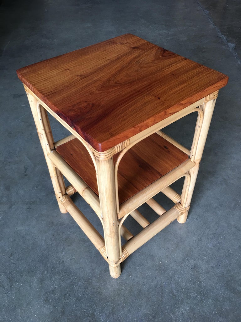 Restored Rattan Square Side Table with Acacia Koa Wood Top at 1stDibs