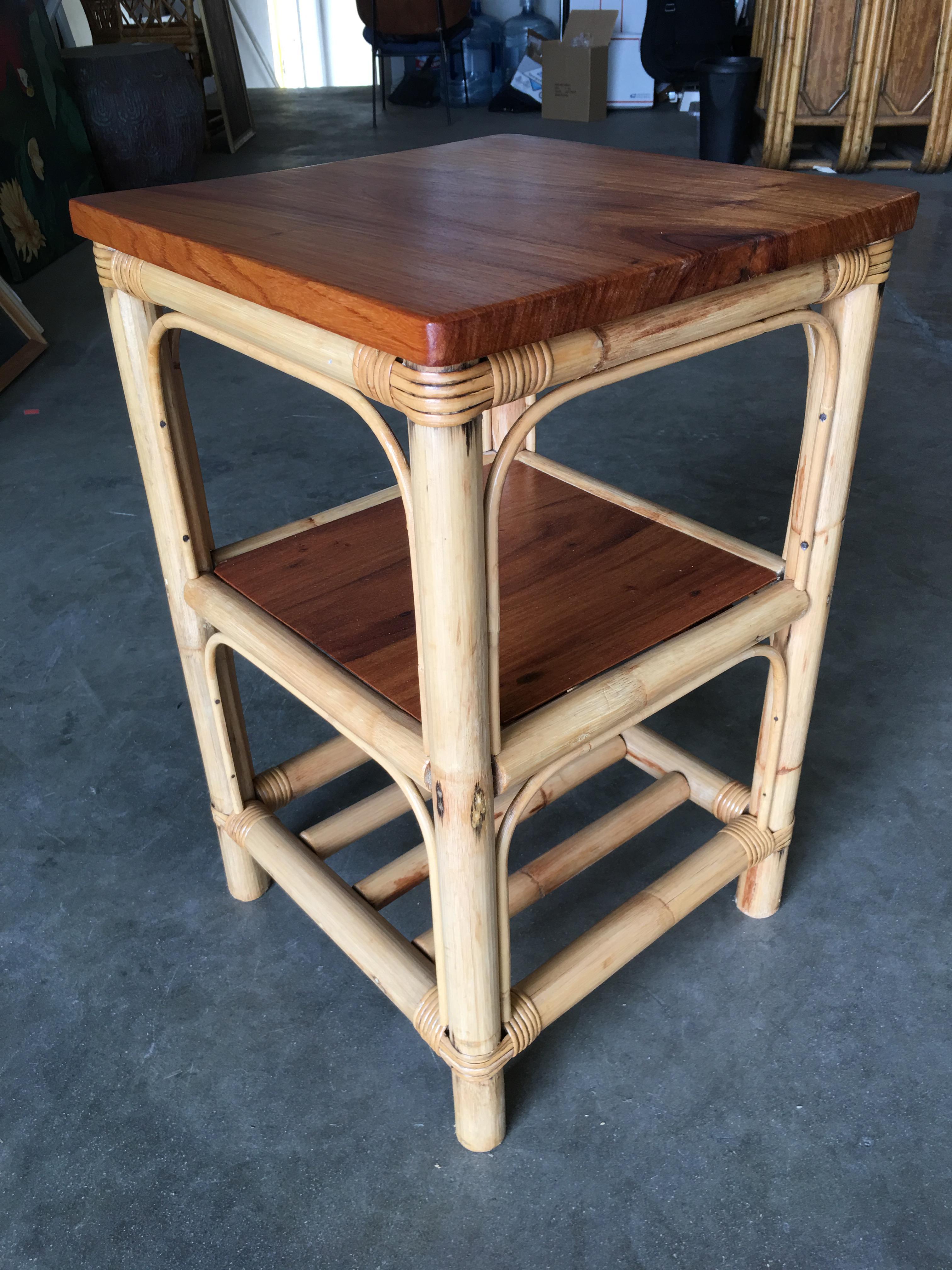 Restored Rattan Square Side Table with Acacia Koa Wood Top  In Distressed Condition In Van Nuys, CA
