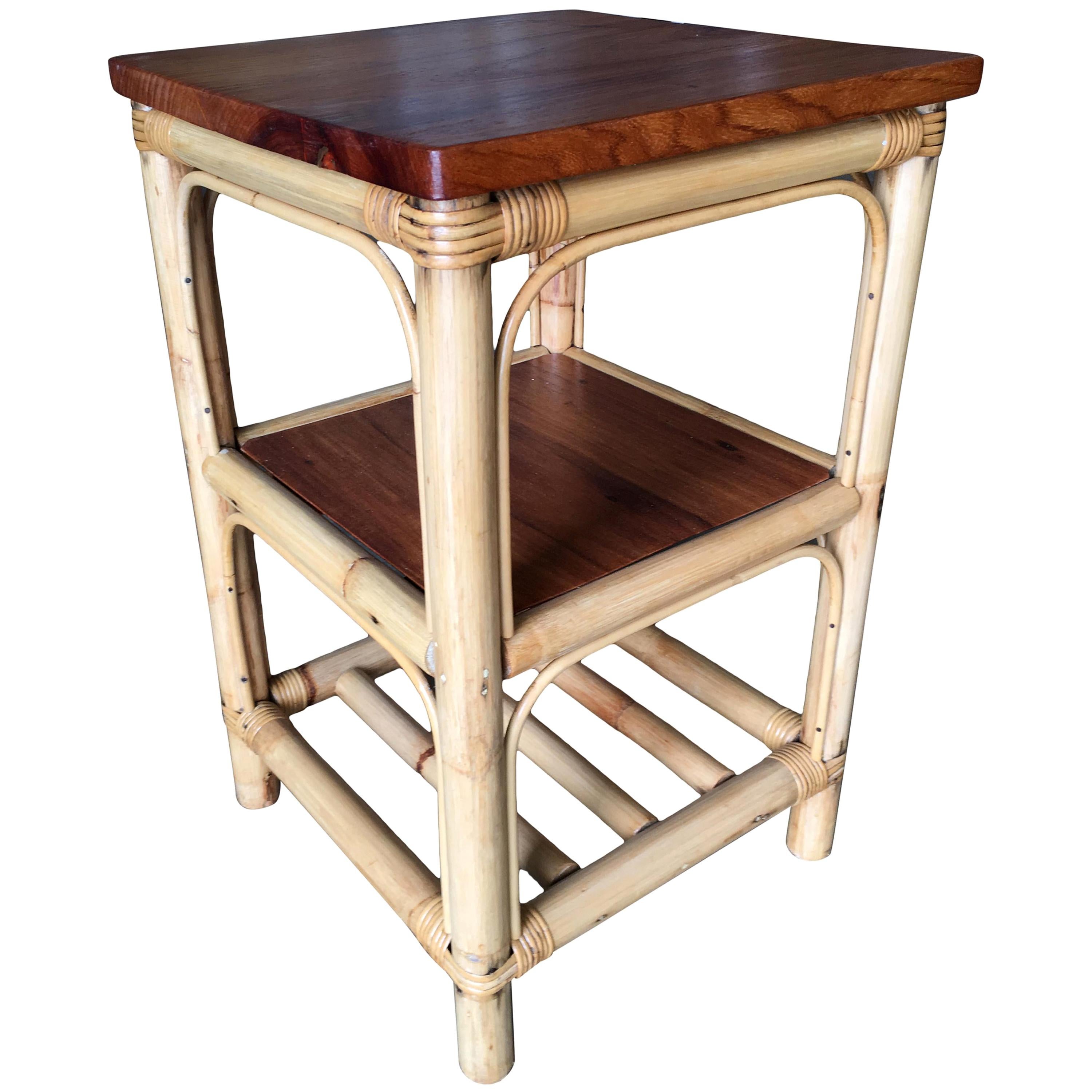Restored Rattan Square Side Table with Acacia Koa Wood Top 
