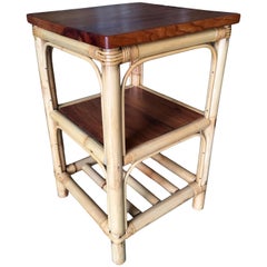 Vintage Restored Rattan Square Side Table with Acacia Koa Wood Top 