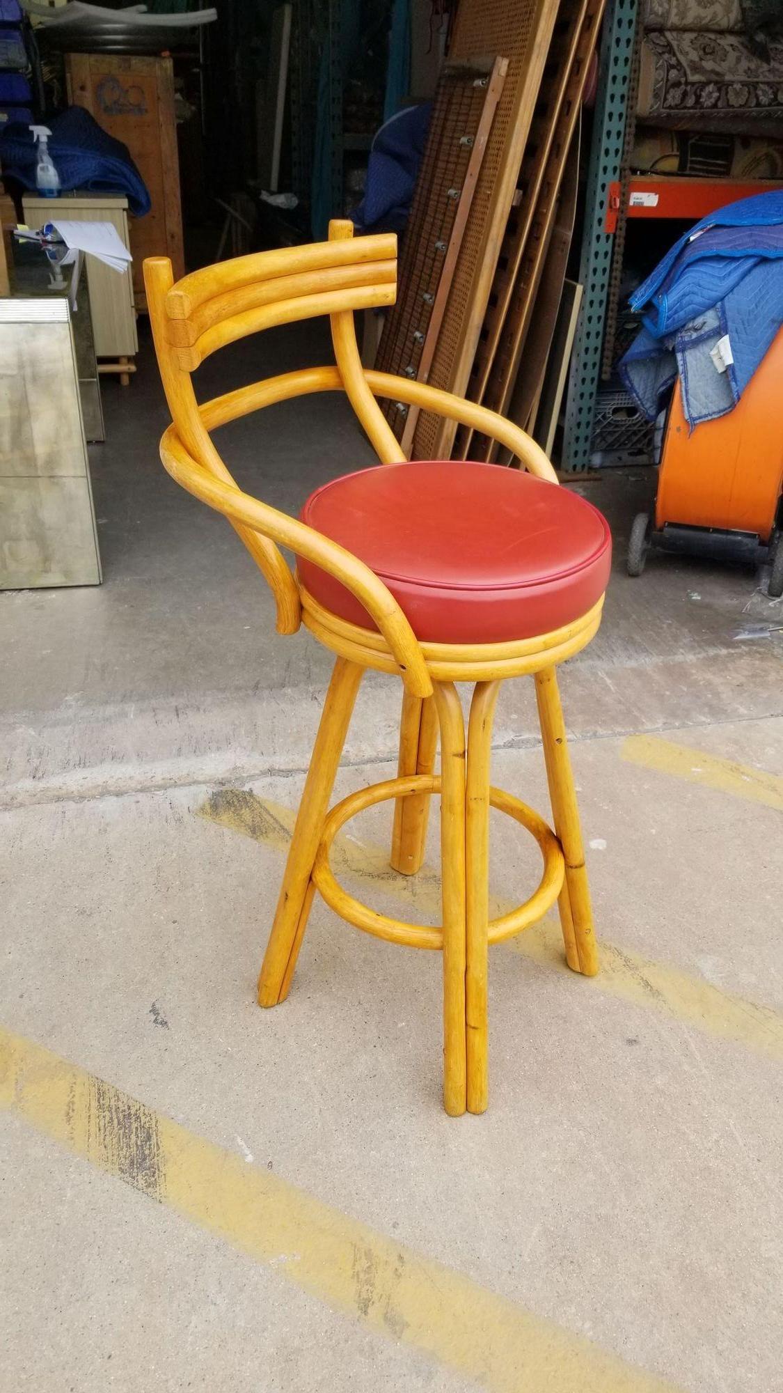 Restored Rattan Stacked Bar stools w/ Red Seat, Set of 4 In Excellent Condition For Sale In Van Nuys, CA