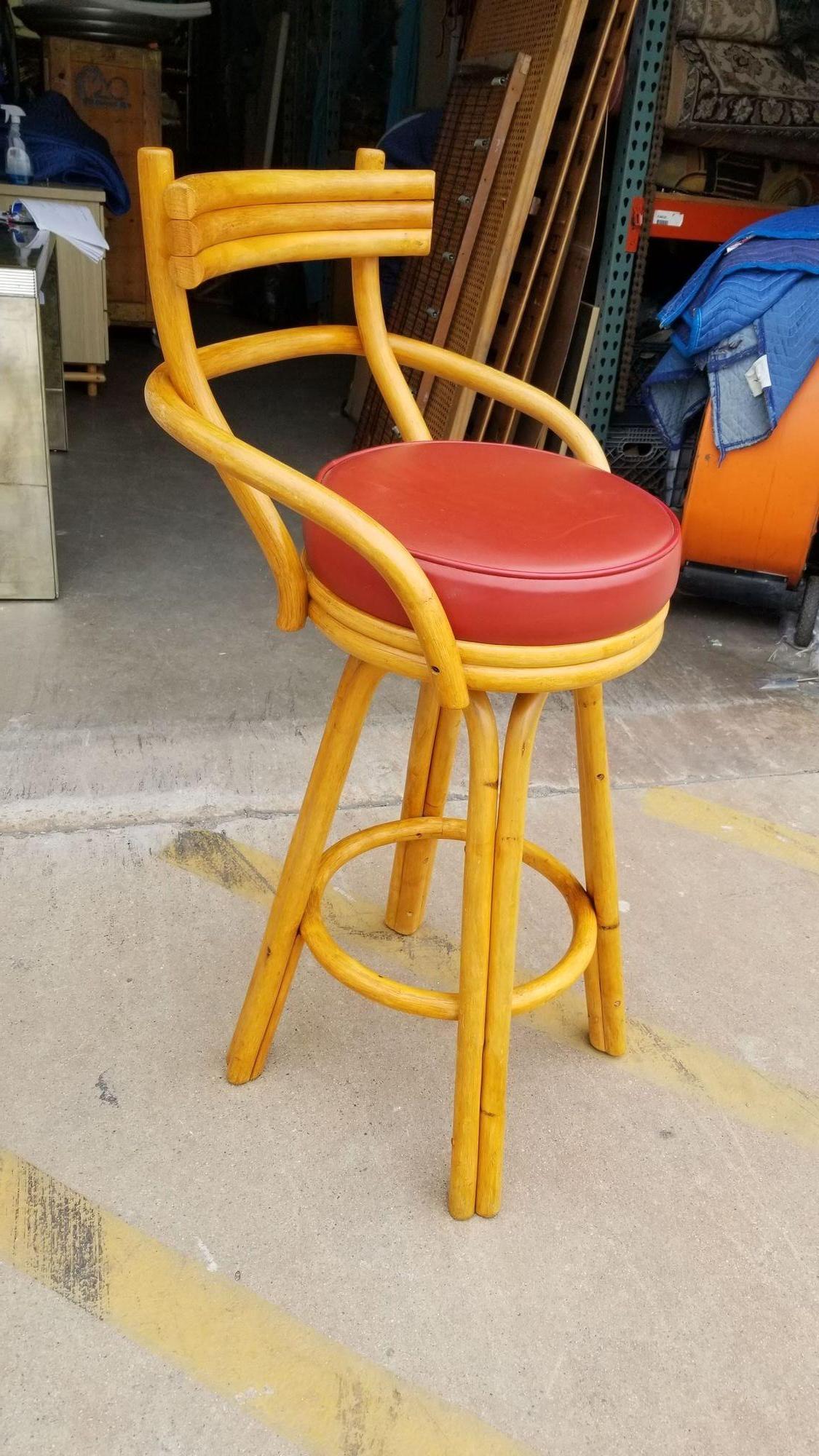Mid-20th Century Restored Rattan Stacked Bar stools w/ Red Seat, Set of 4 For Sale
