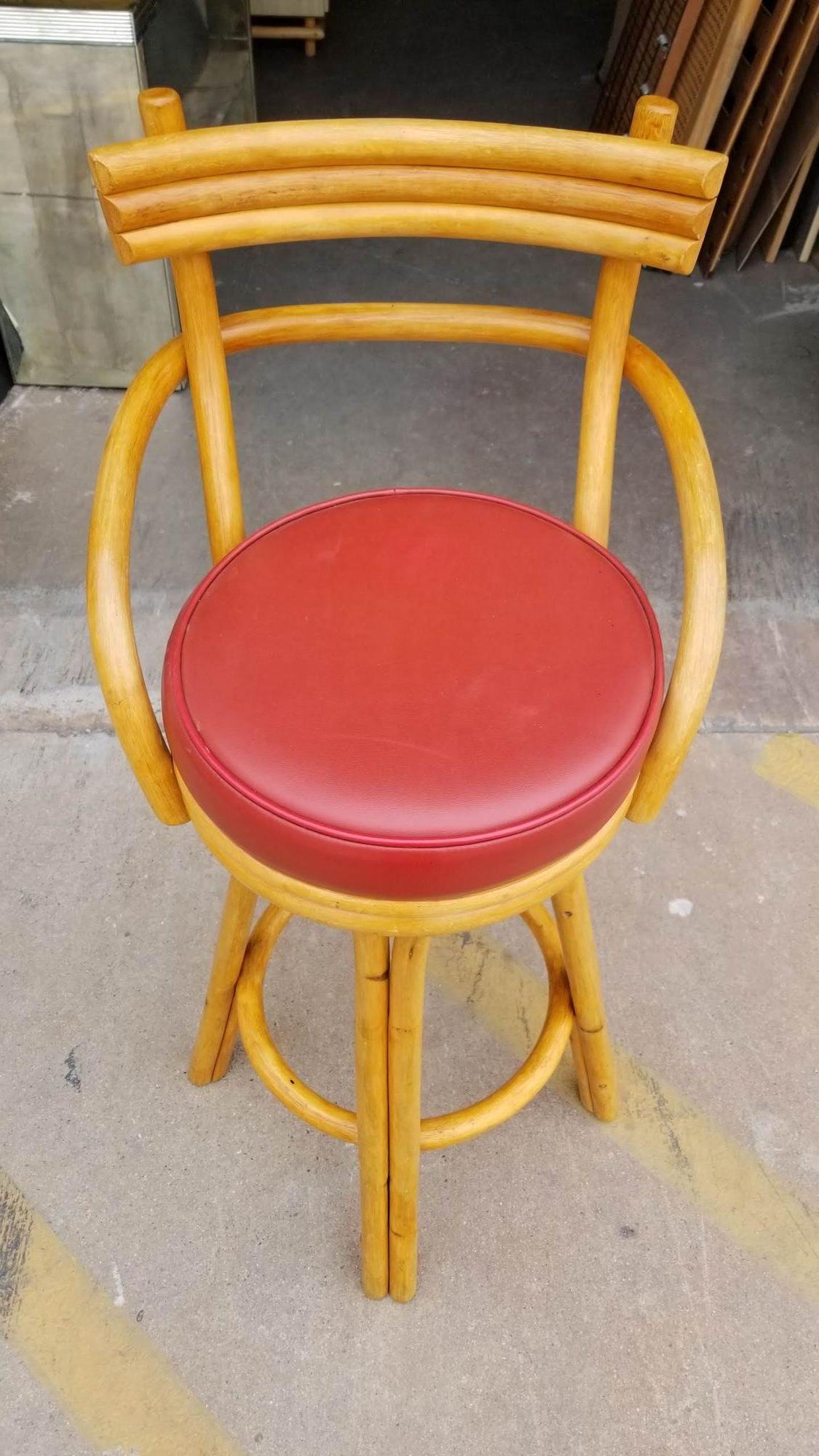 Restored Rattan Stacked Bar stools w/ Red Seat, Set of 4 For Sale 1