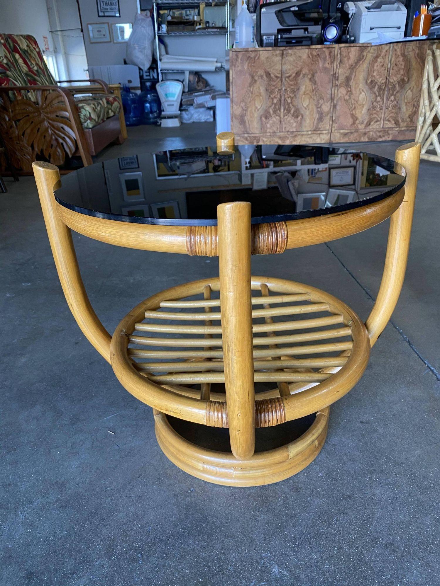 Mid-20th Century Restored Rattan Stacked Base Cocktail Table W/ Smoked Glass Top For Sale