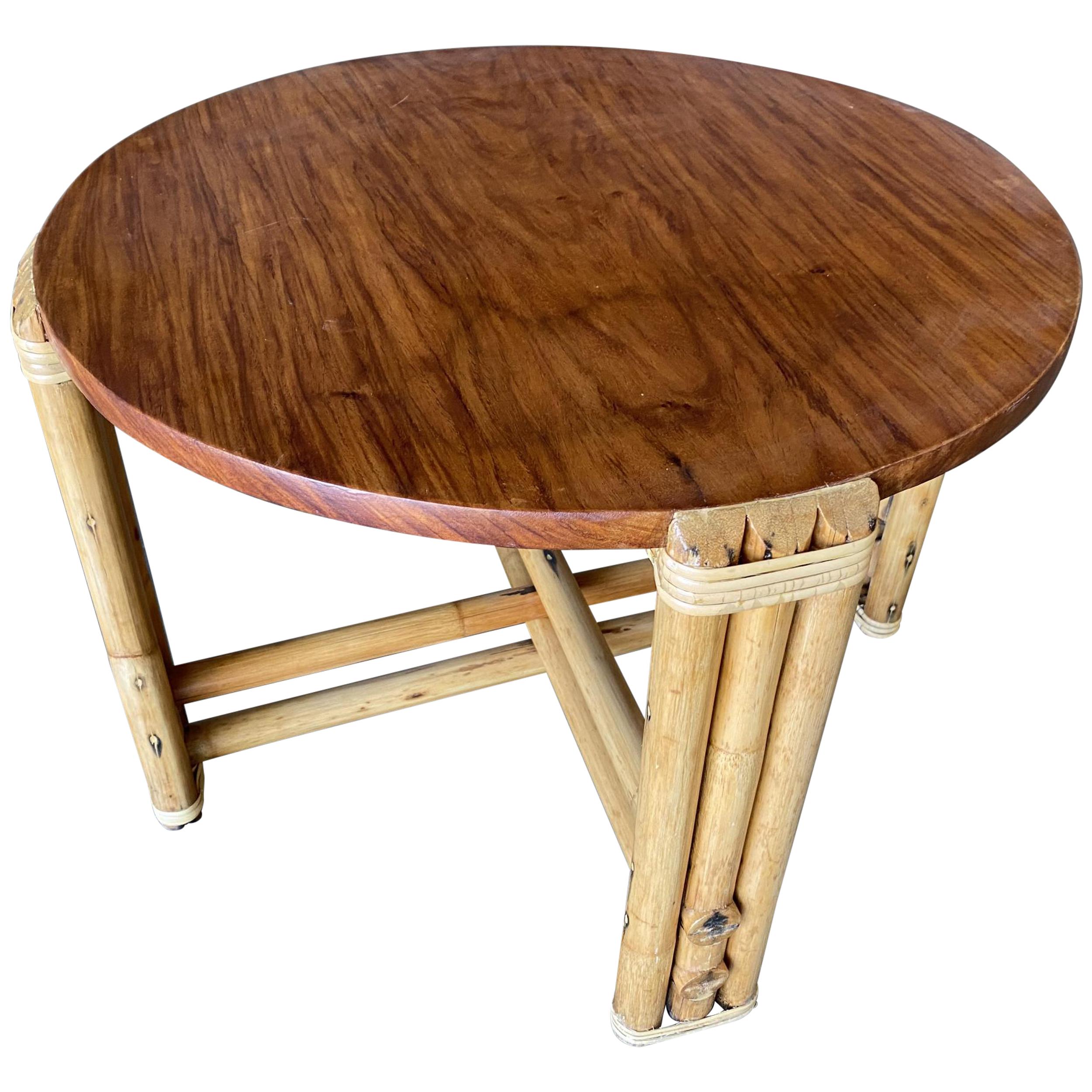 Restored Rattan Stacked Circular Side Coffee Table with Mahogany Top