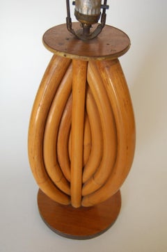 Restored Rattan Table Lamps W/ Tri-Shape Loop Pattern & Mahogany Base, Pair