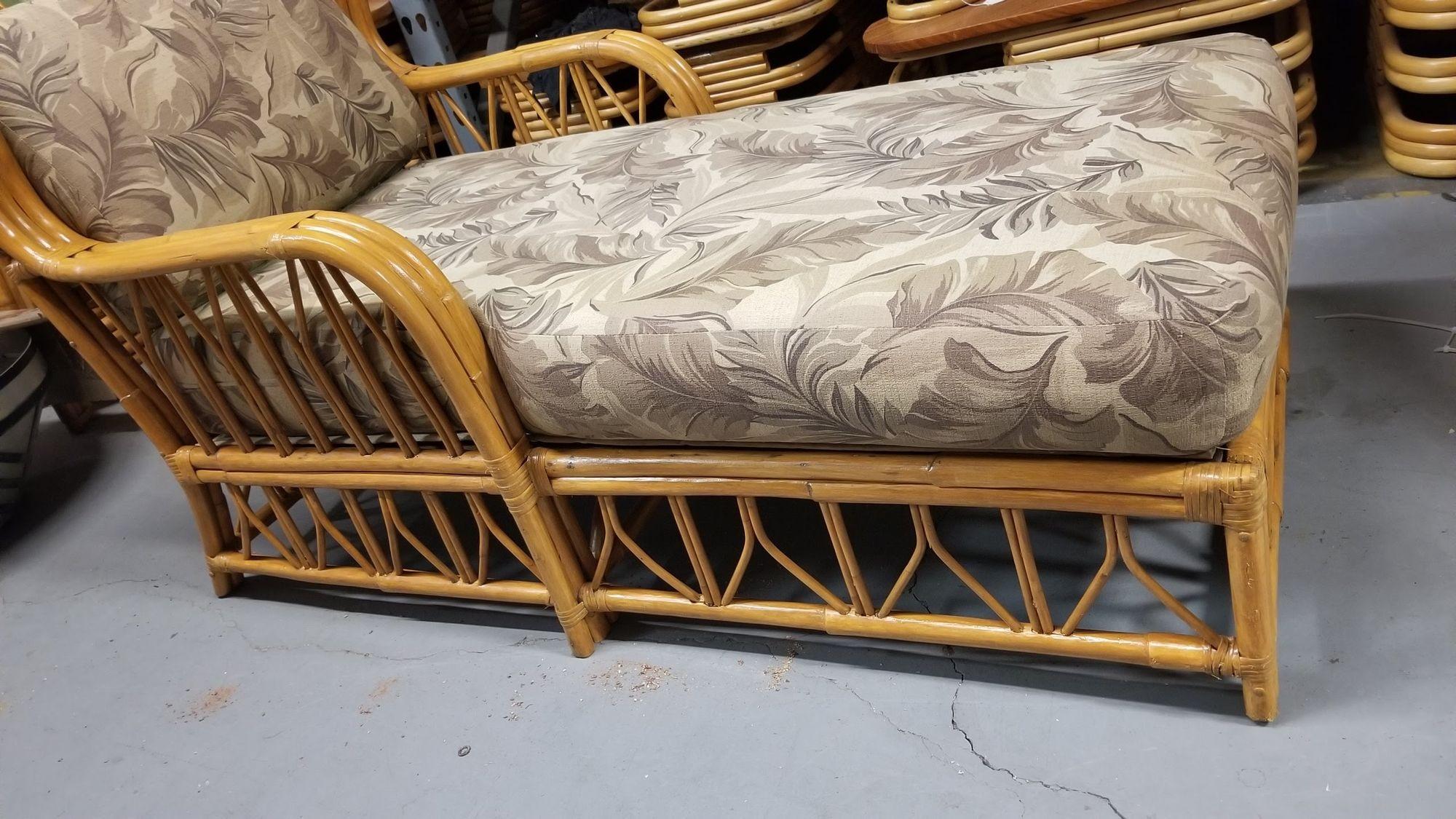 Fabric Restored Rattan Three-Strand Arms Chaise Lounge with Reed Rattan Sides For Sale
