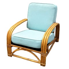 Restored Rattan Triple-Strand Half Square Moon Arm Lounge Chair w/ Arched Back