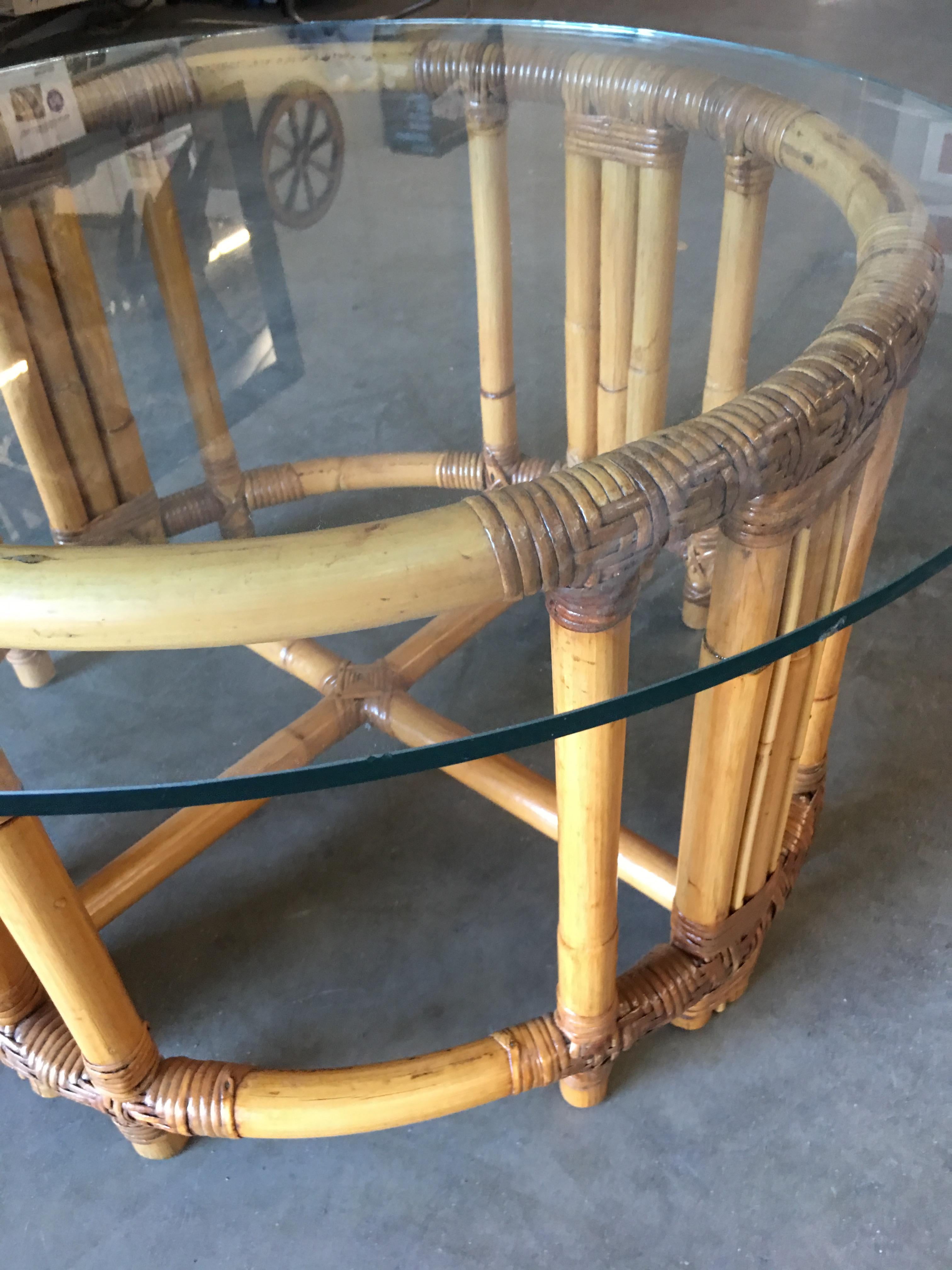Restored Rattan Twenty Pole Coffee Table with Glass Top In Excellent Condition In Van Nuys, CA