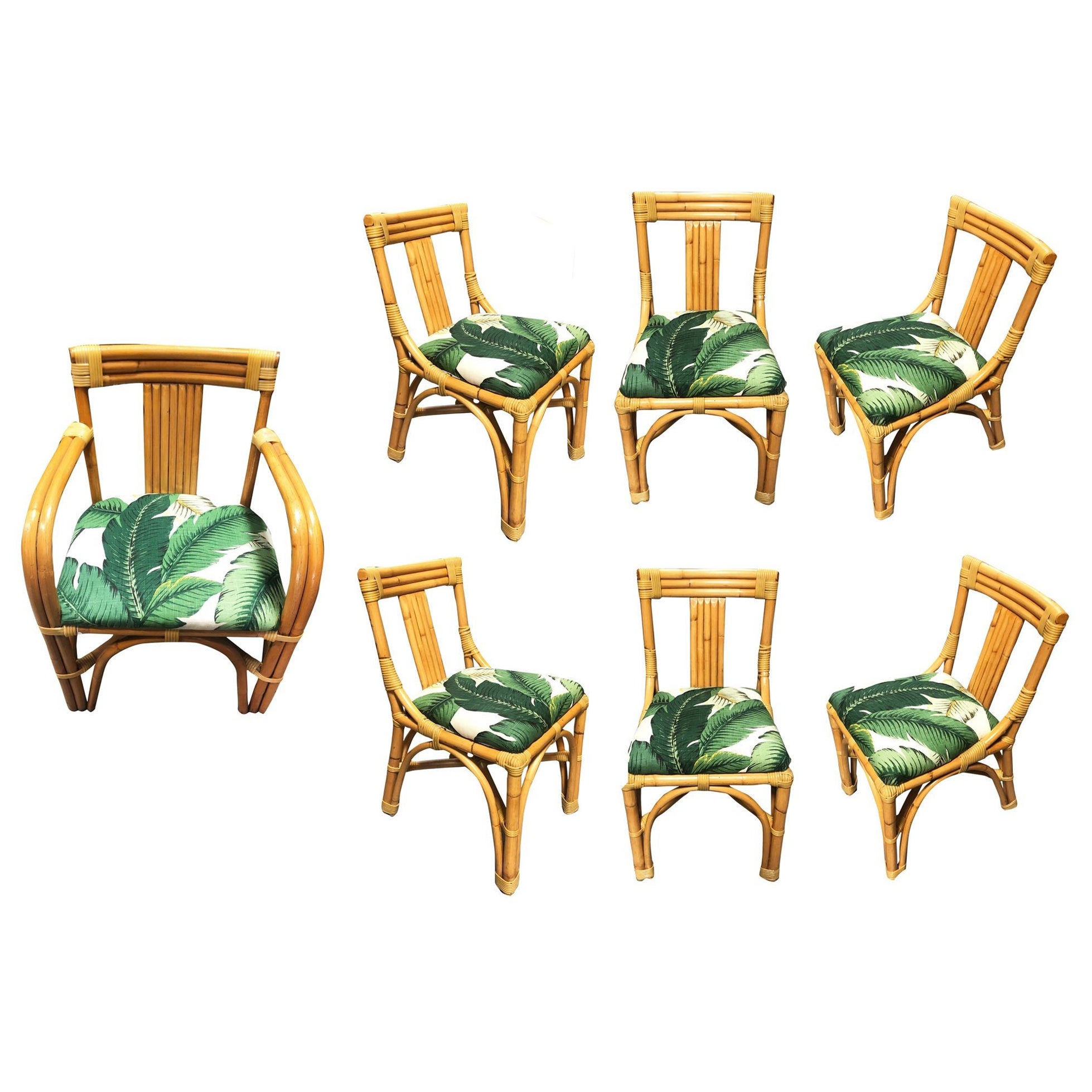 Lot de 7 chaises de salle à manger en rotin à deux brins restaurées avec coussins à feuilles de banane