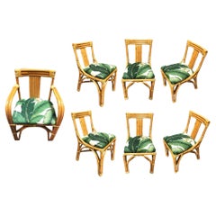 Lot de 7 chaises de salle à manger en rotin à deux brins restaurées avec coussins à feuilles de banane