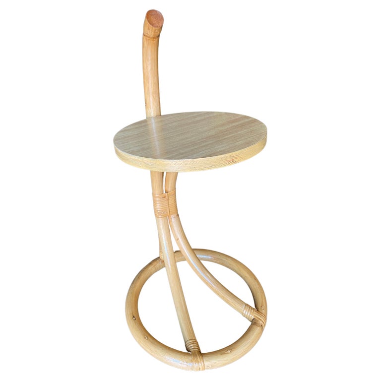 Restored Rattan Side Table Drink Shelf Stand w/ Handle For Sale at 1stDibs