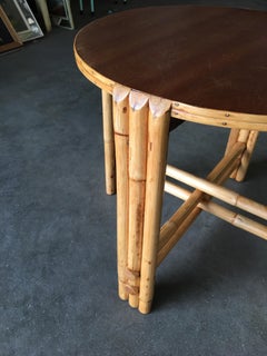 Restored Rattan Vertically Stacked Circular Drink Side Table with Mahogany Top