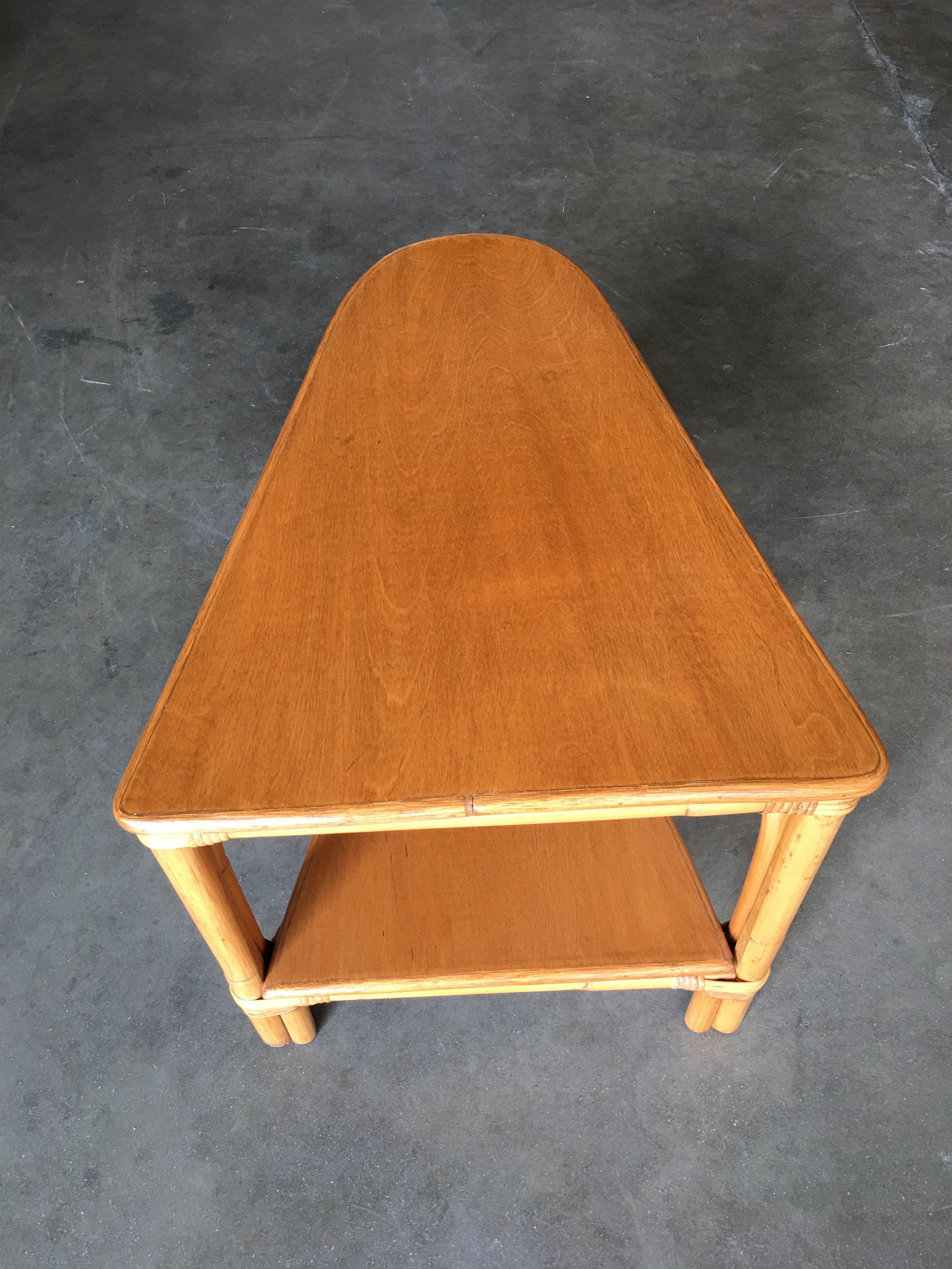 Mid-Century Modern Restored Rattan Wedge Drinks Table with Two-Tier Mahogany Tops