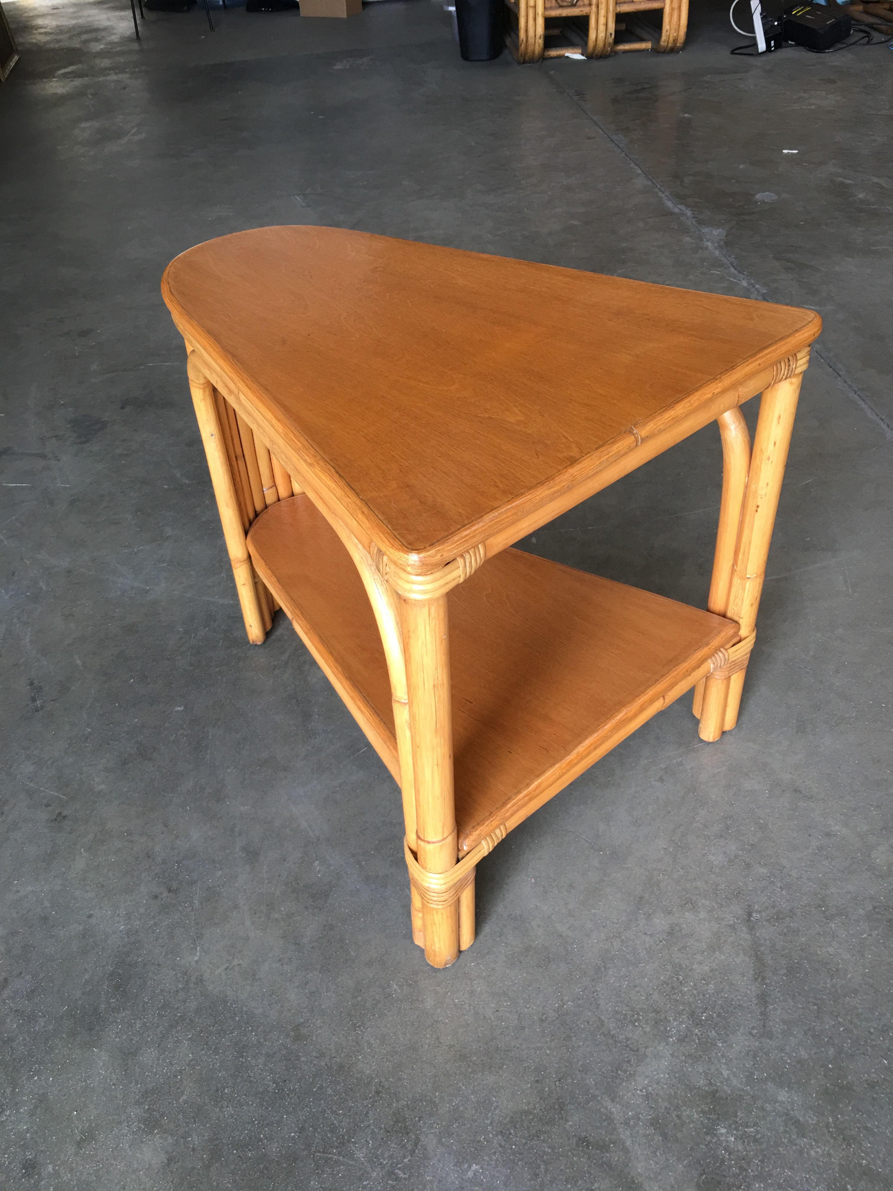 American Restored Rattan Wedge Drinks Table with Two-Tier Mahogany Tops