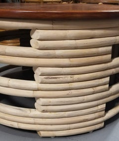 Restored Rattan White Natural Wood Stacked Round Coffee Table with Mahogany Top