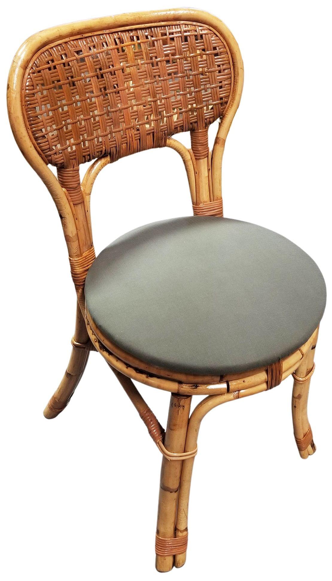 Restored pair of Calif-Asia brand-styled rattan dining chairs with a woven wicker seat back, two-strand legs, wicker wrapped ends and brand new round cushions in sage green.

Calif-Asia was a vintage rattan company based in Los Angeles California