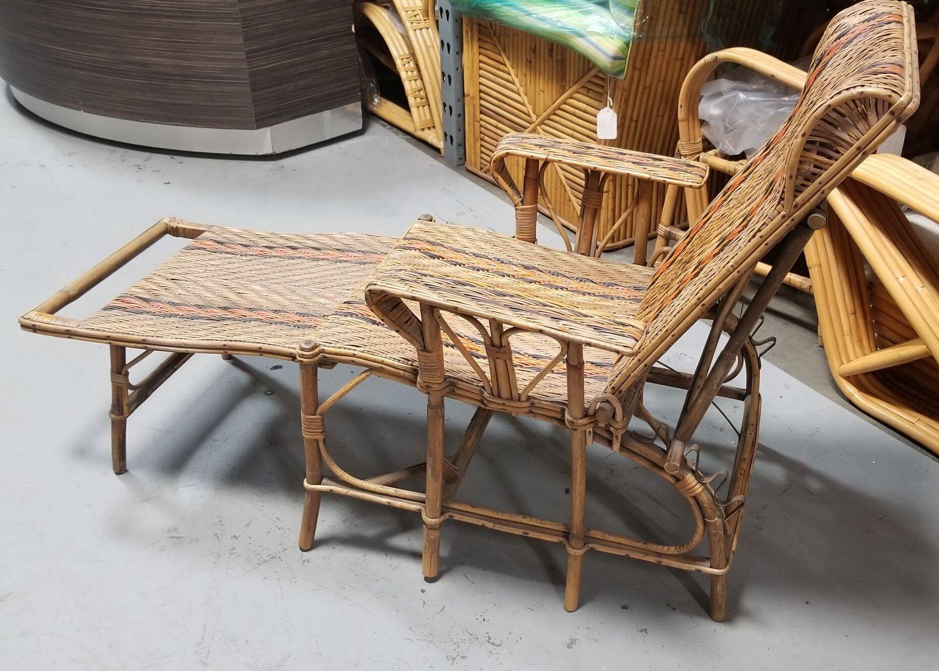 Restored Rattan Wicker French Art Deco Adjustable Chaise Lounge For Sale 1