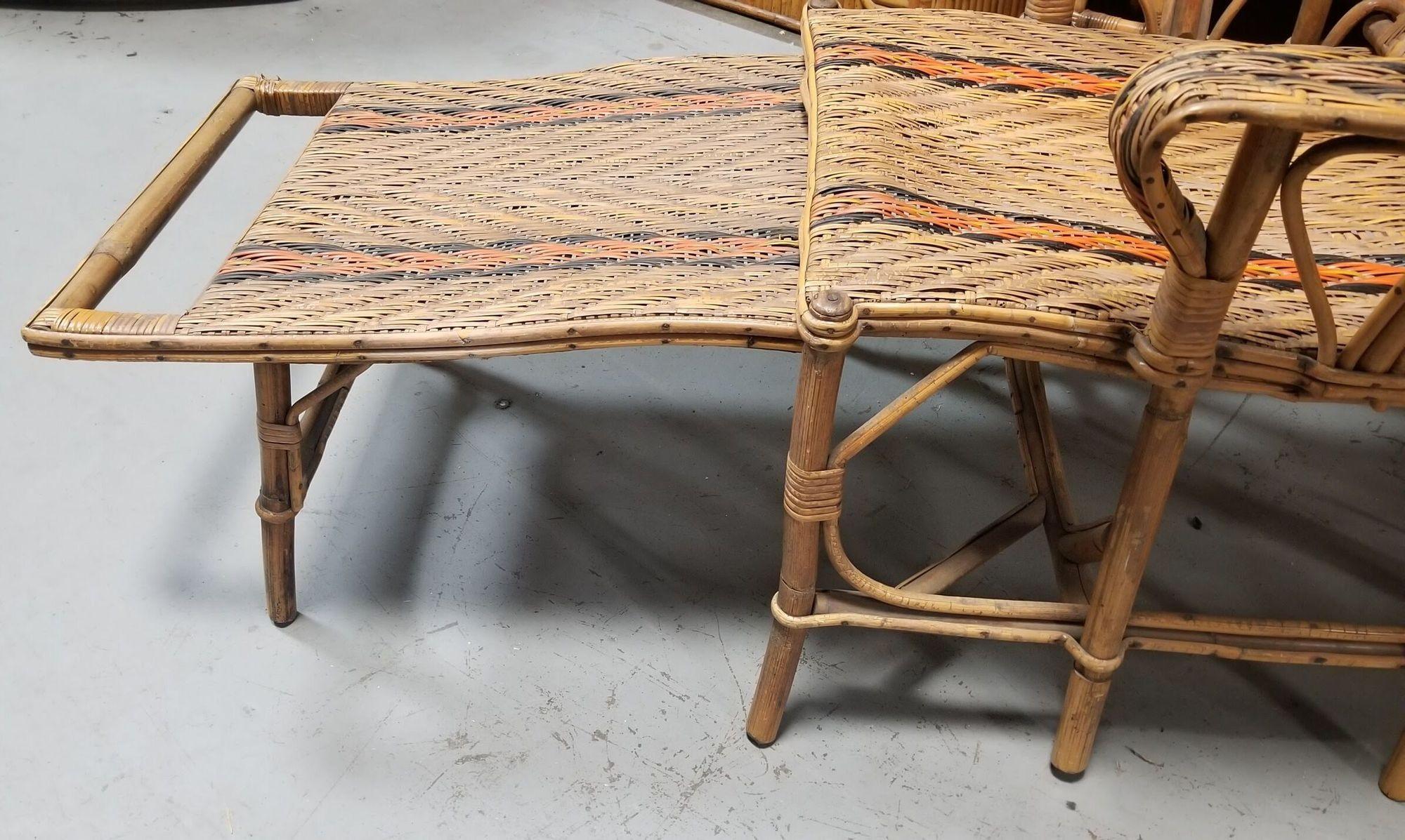 Restored Rattan Wicker French Art Deco Adjustable Chaise Lounge For Sale 3