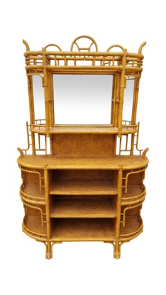 Restored Rattan Wicker , Book Shelf w/ Mirror By Maitland Smith