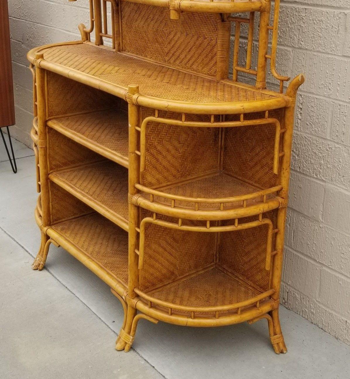 Restored Rattan Wicker , Book Shelf w/ Mirror By Maitland Smith In Excellent Condition For Sale In Van Nuys, CA