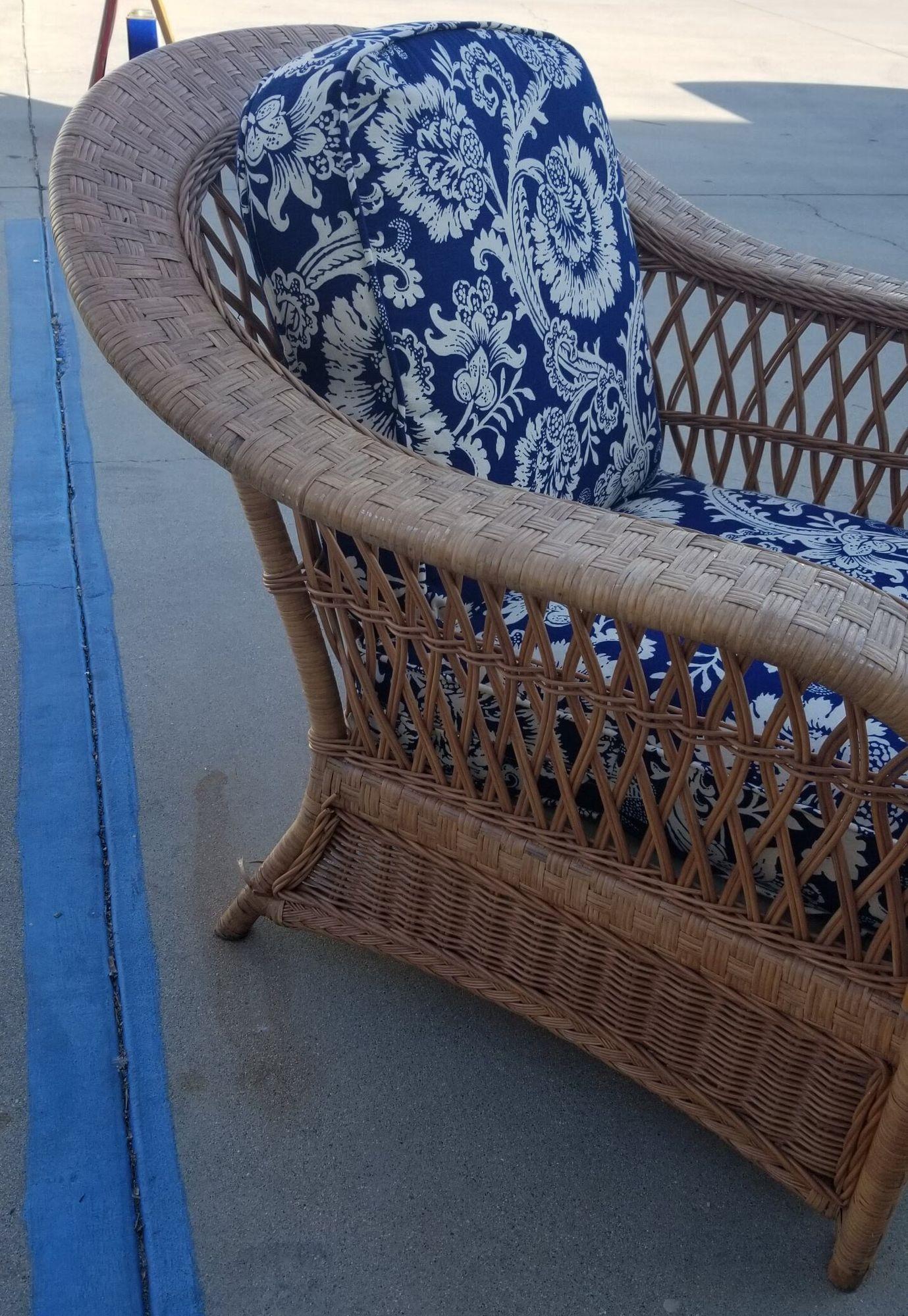 Fabric Restored Rattan Wicker Lounge Chair For Sale
