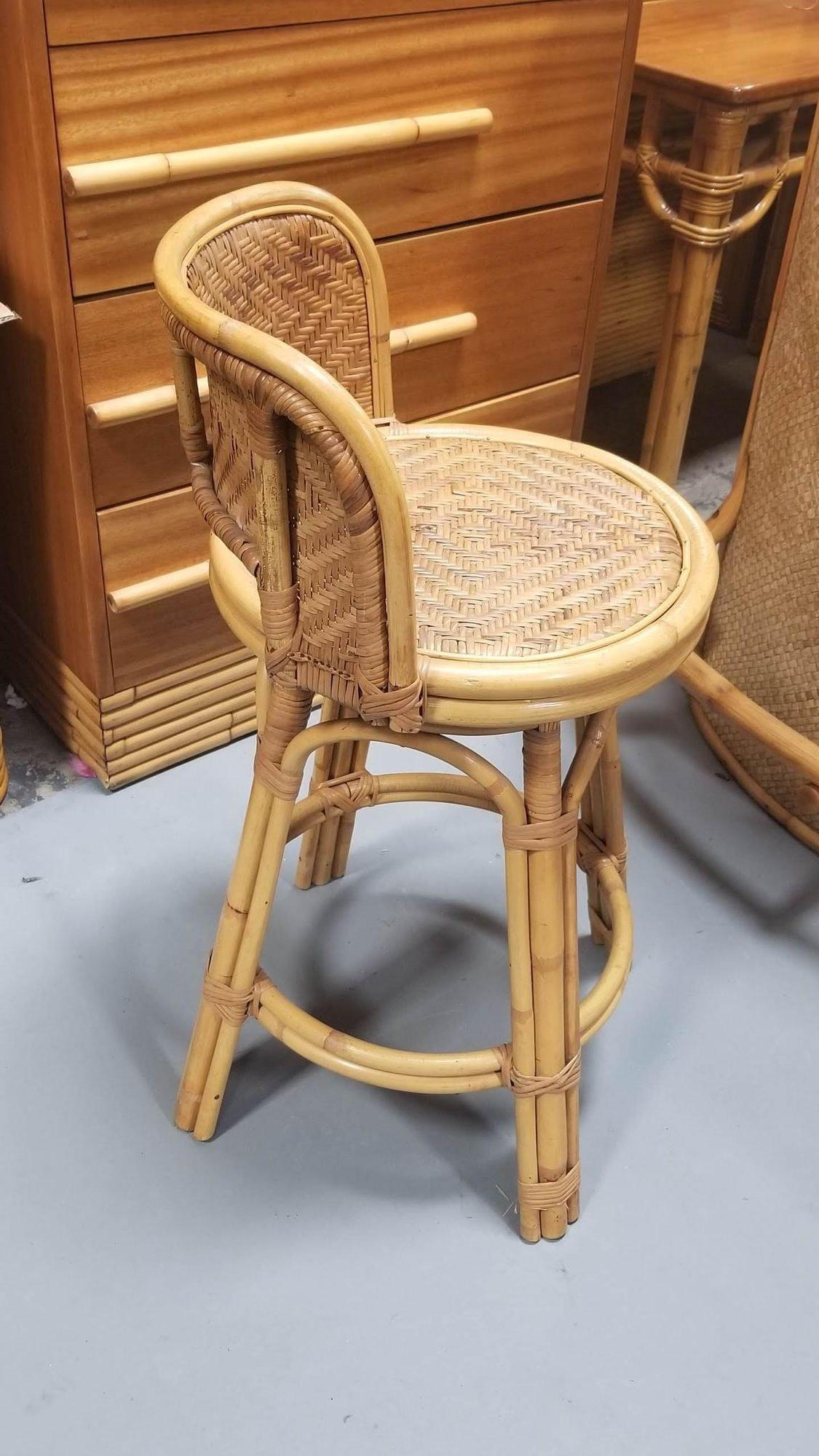 Restored Rattan & Wicker Swivel Bar Stool Set of 2 In Excellent Condition For Sale In Van Nuys, CA