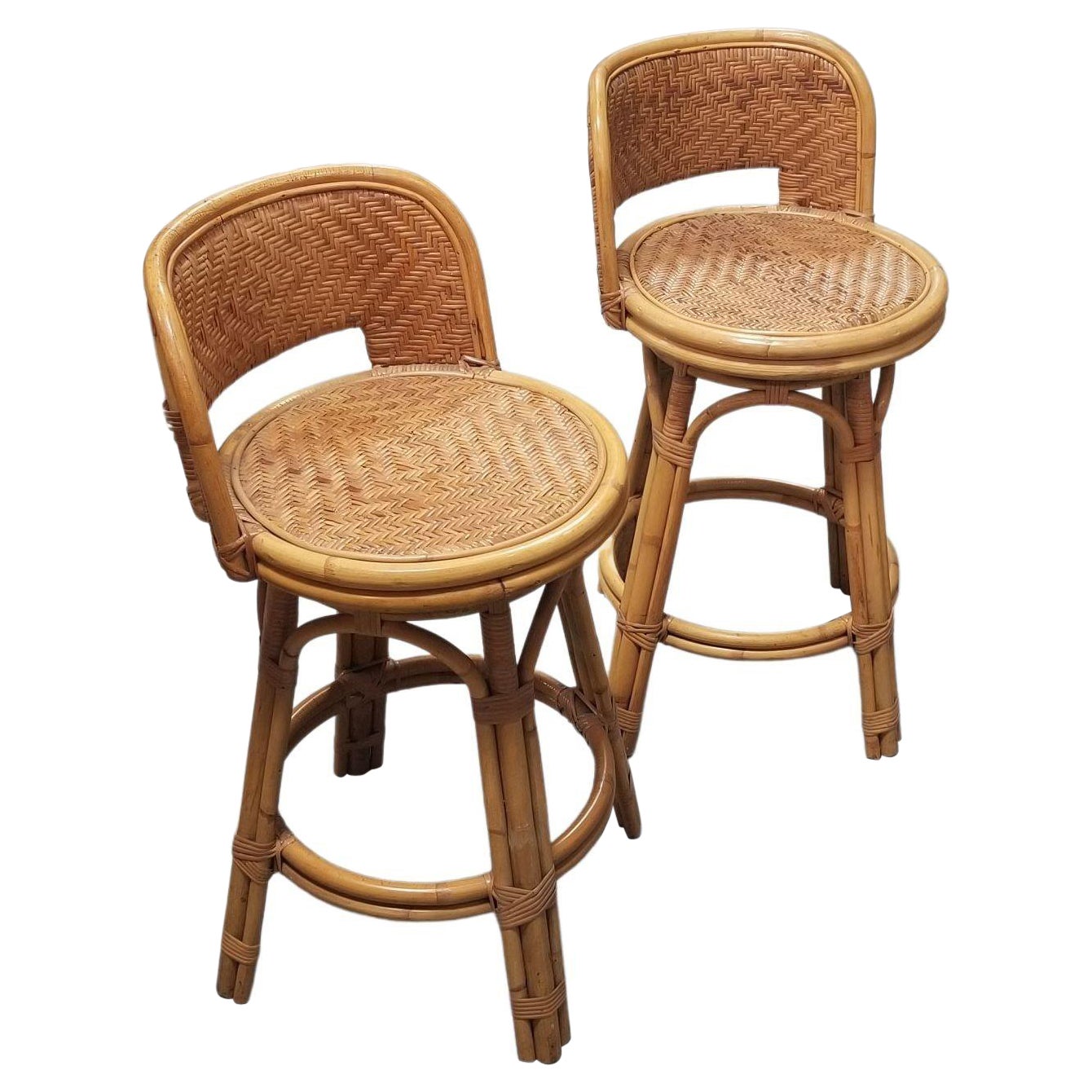 Restaurierter Barhocker aus Rattan und Korbgeflecht, 2er-Set