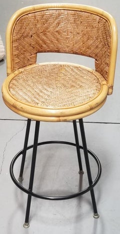 Restored Rattan & Wicker Swivel Bar Stool w/ Iron Base, Seng of Chicago