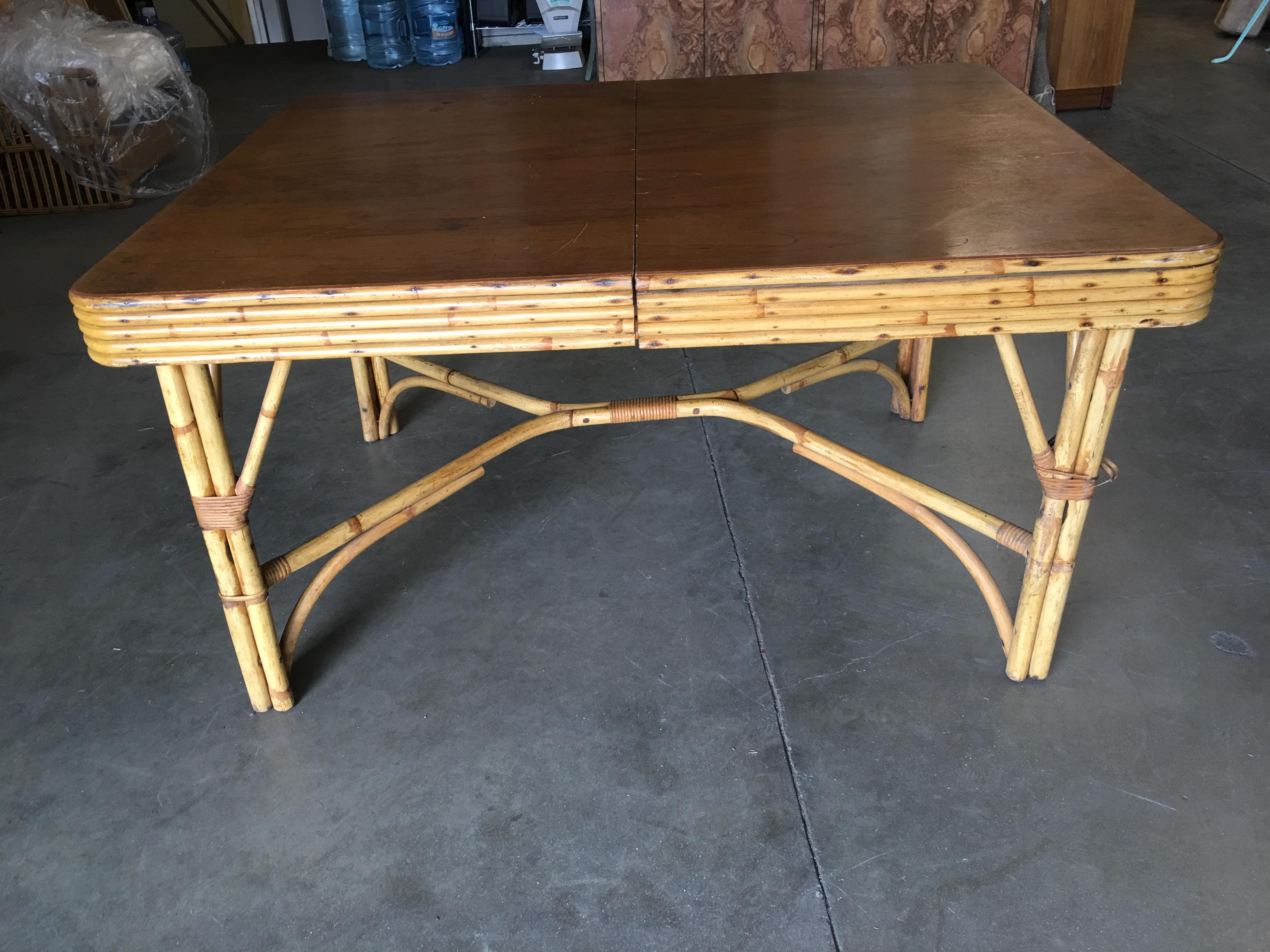 Mid-Century Modern Restored Rectangle Rattan Dining Table with 5-Strand Stacked Mahogany Top