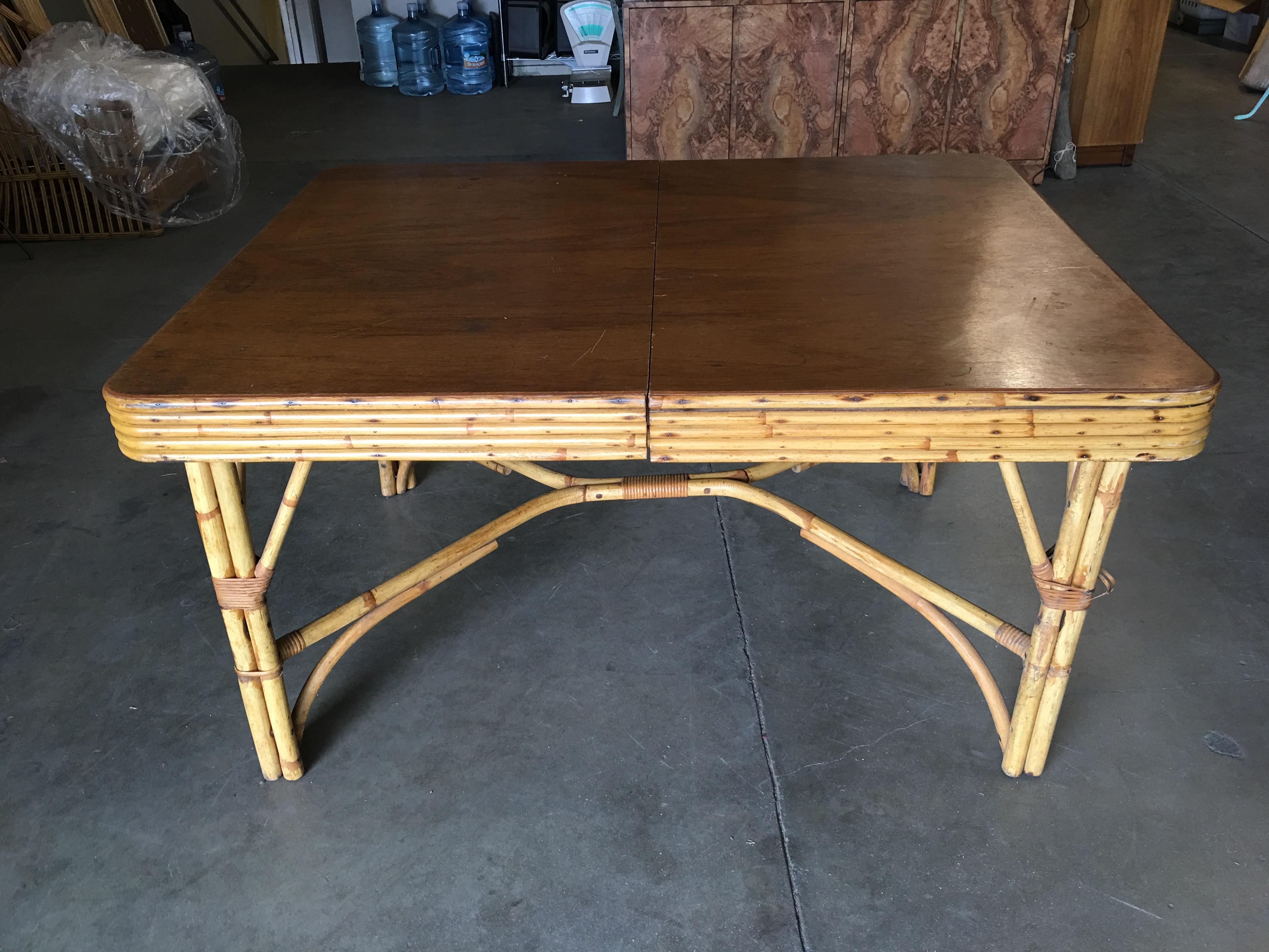 American Restored Rectangle Rattan Dining Table with 5-Strand Stacked Mahogany Top