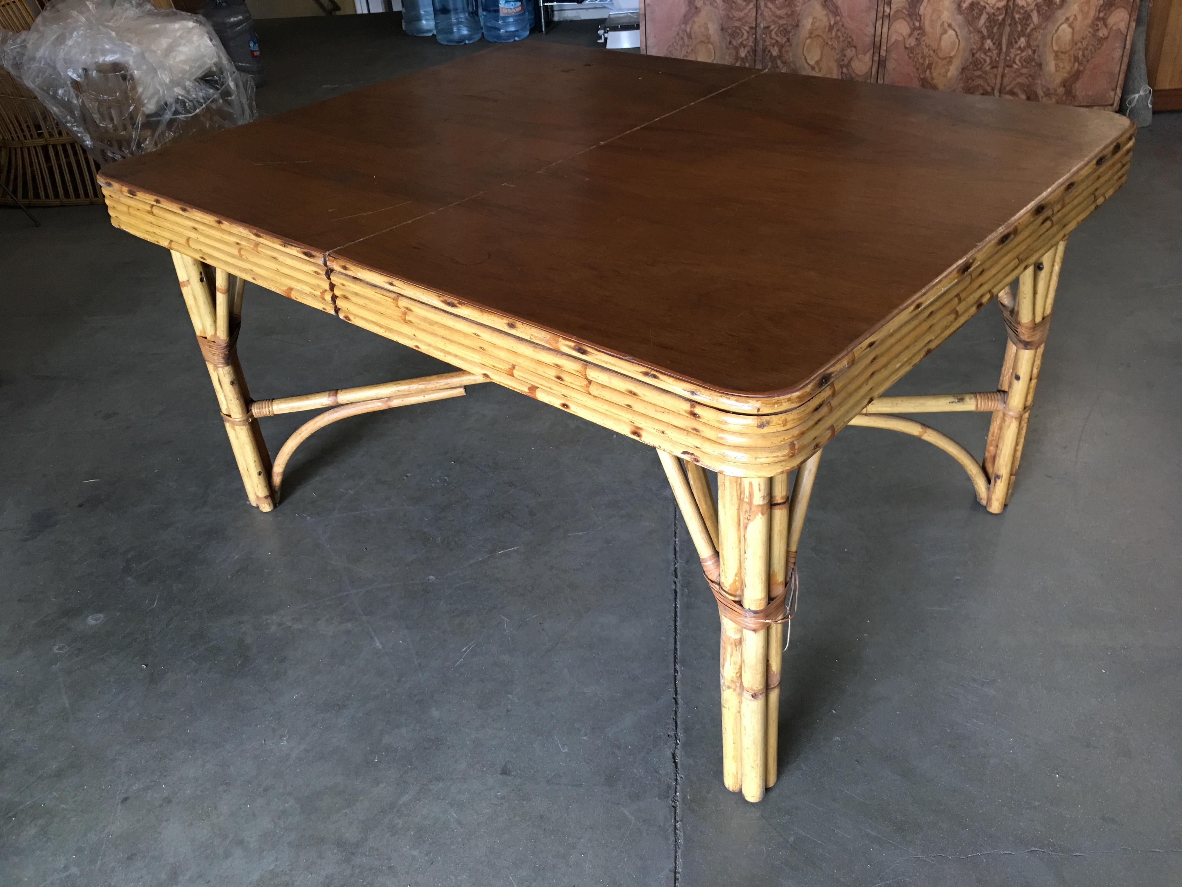 Restored Rectangle Rattan Dining Table with 5-Strand Stacked Mahogany Top In Excellent Condition In Van Nuys, CA