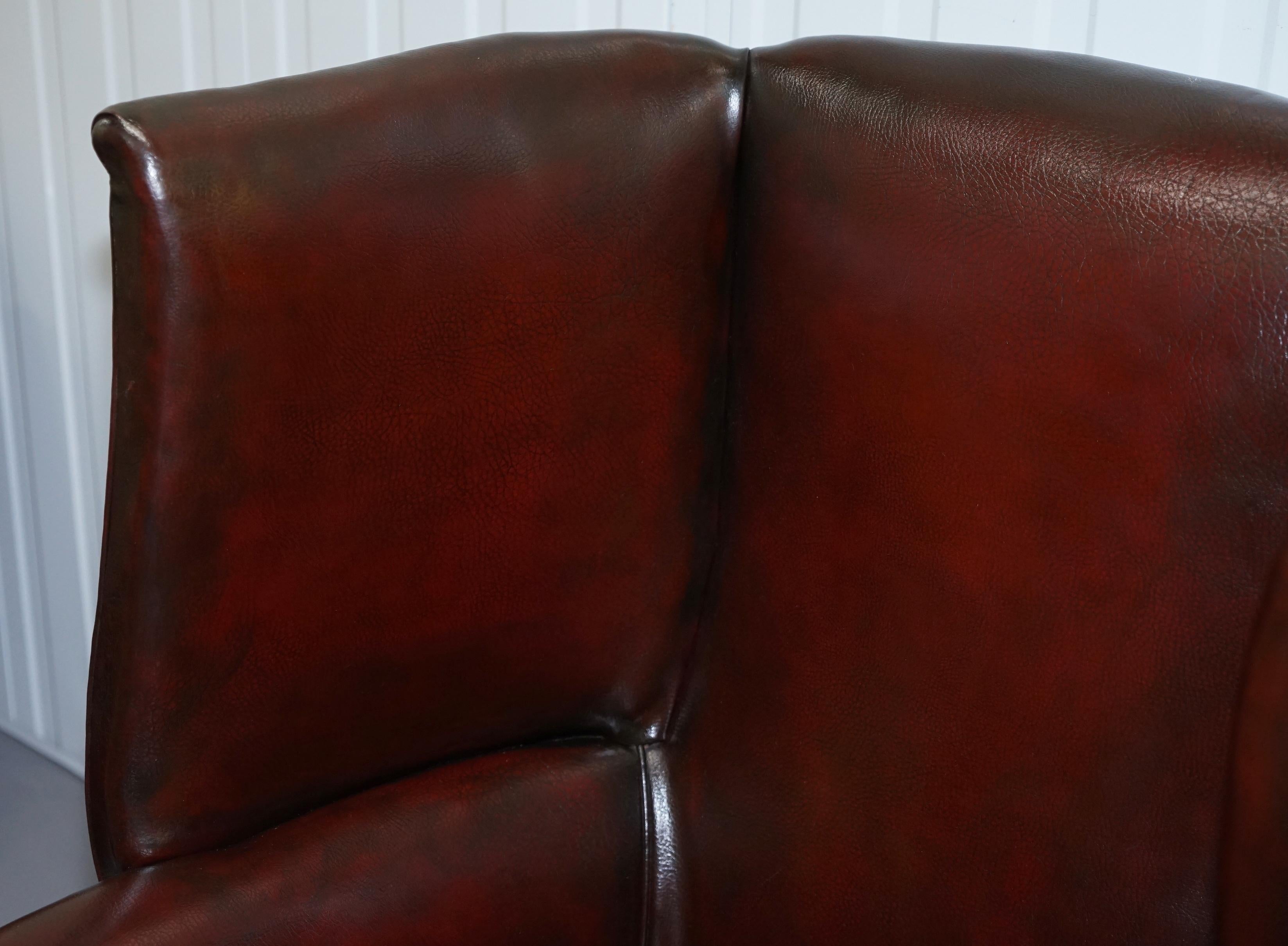 Restored Reddish Brown Hand Dyed Leather Victorian Porters Wingback Armchair 6