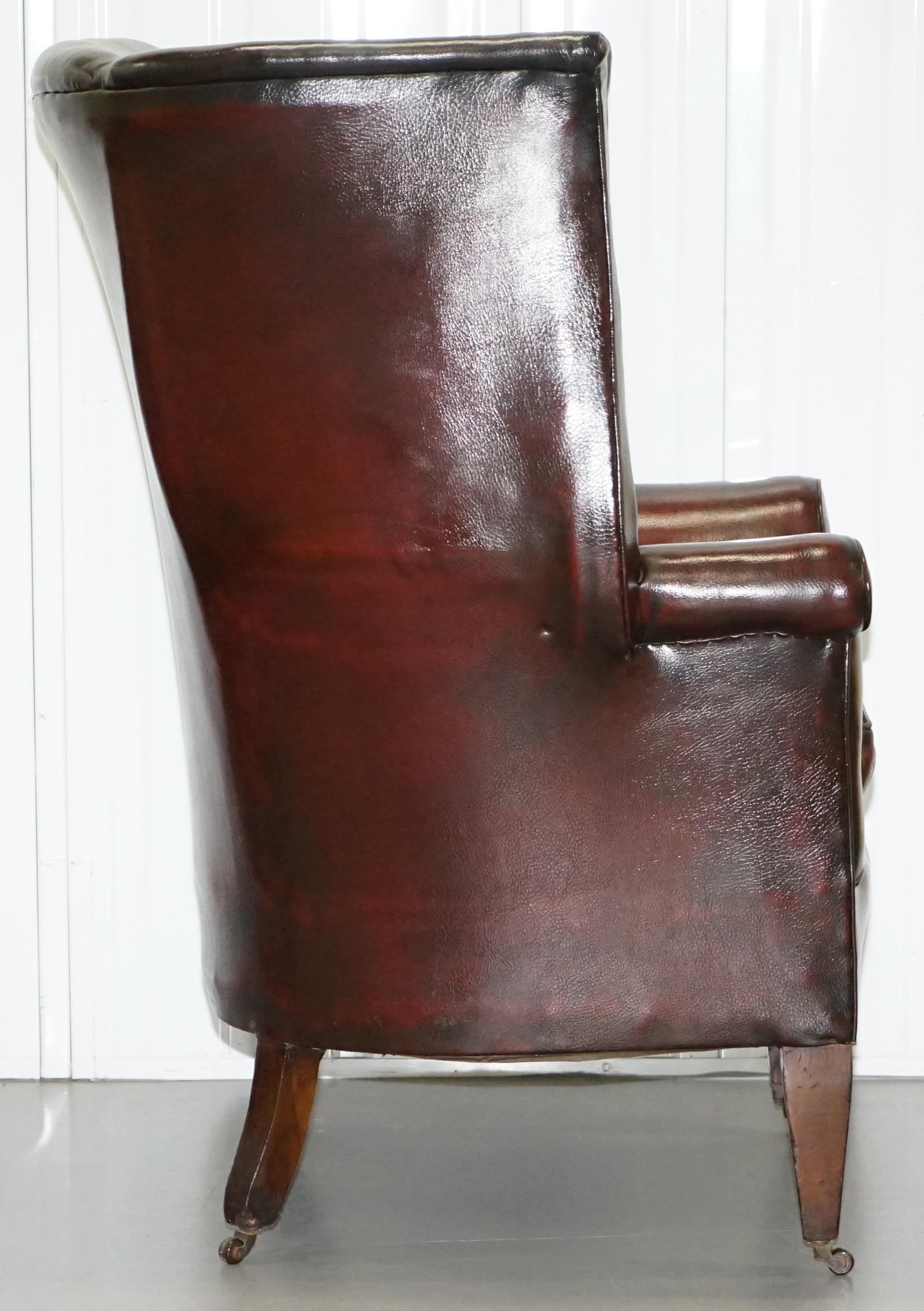 Restored Reddish Brown Hand Dyed Leather Victorian Porters Wingback Armchair 8