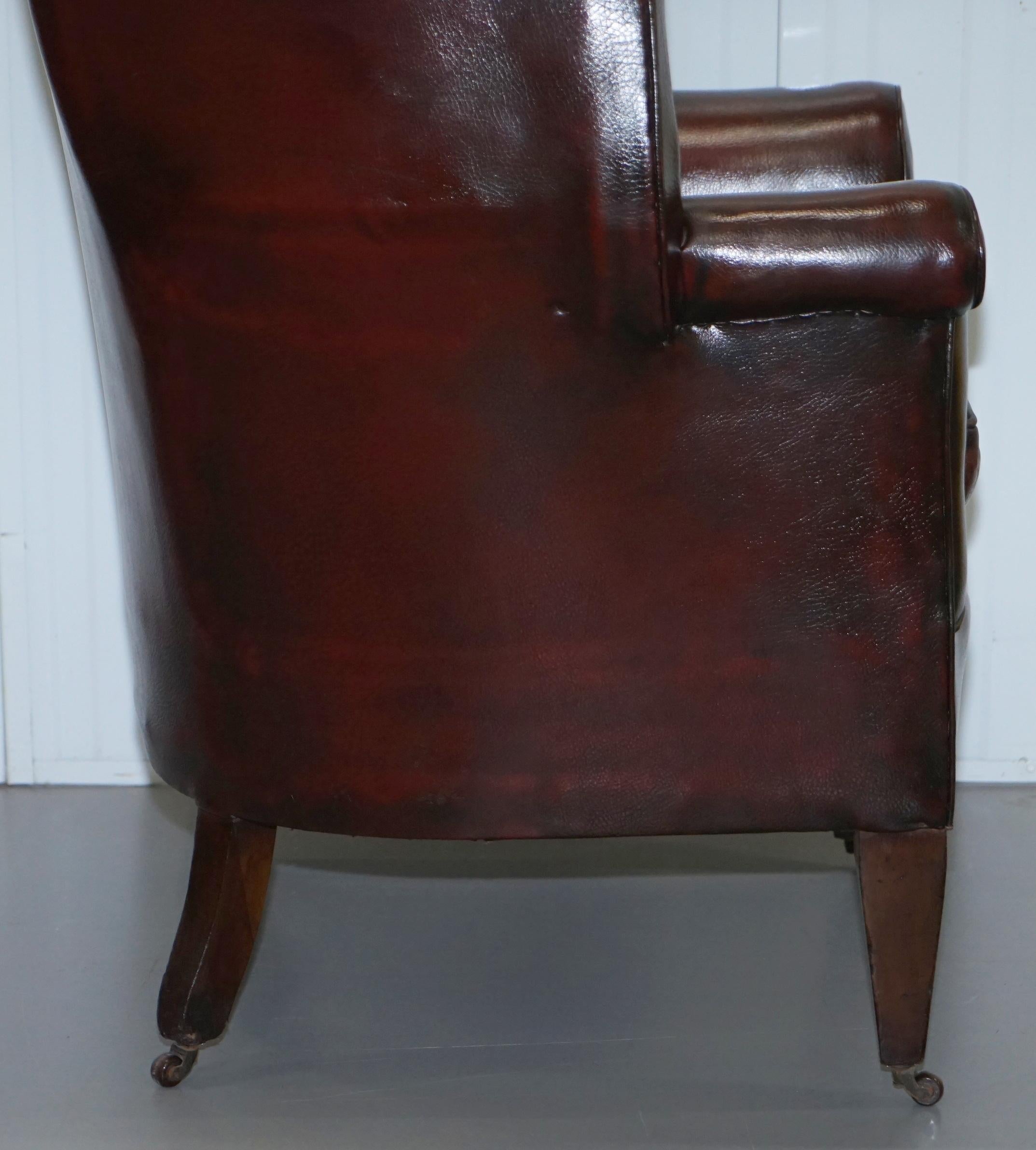 Restored Reddish Brown Hand Dyed Leather Victorian Porters Wingback Armchair 9