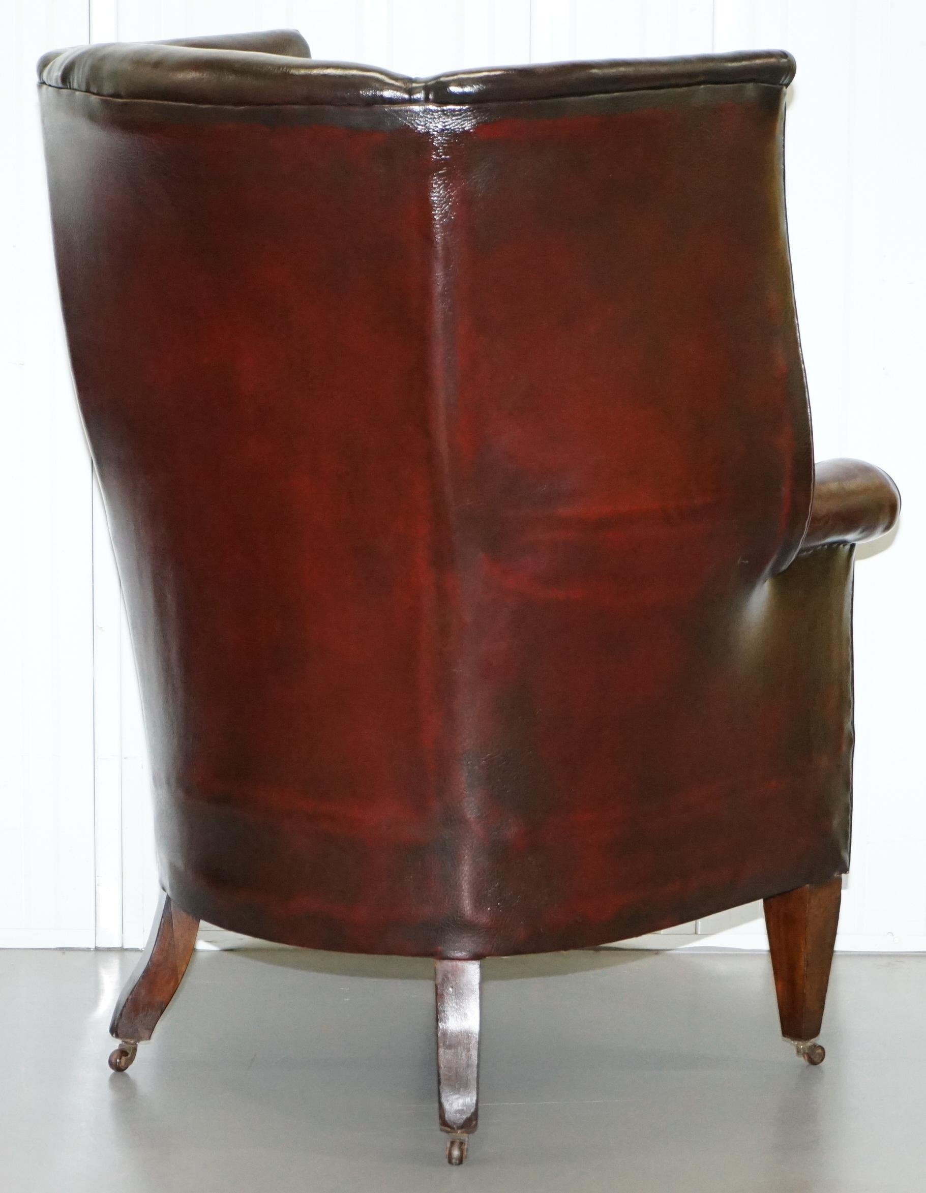 Restored Reddish Brown Hand Dyed Leather Victorian Porters Wingback Armchair 10