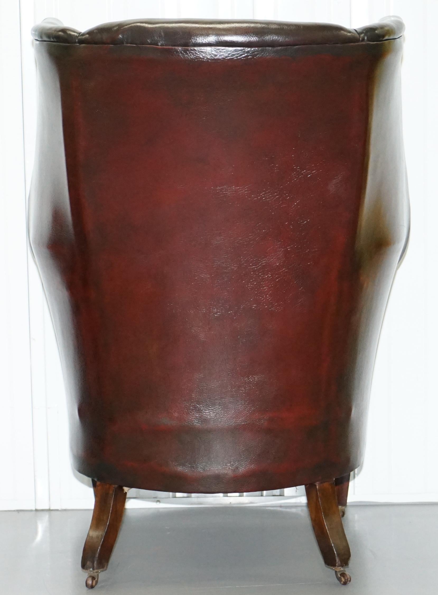 Restored Reddish Brown Hand Dyed Leather Victorian Porters Wingback Armchair 11