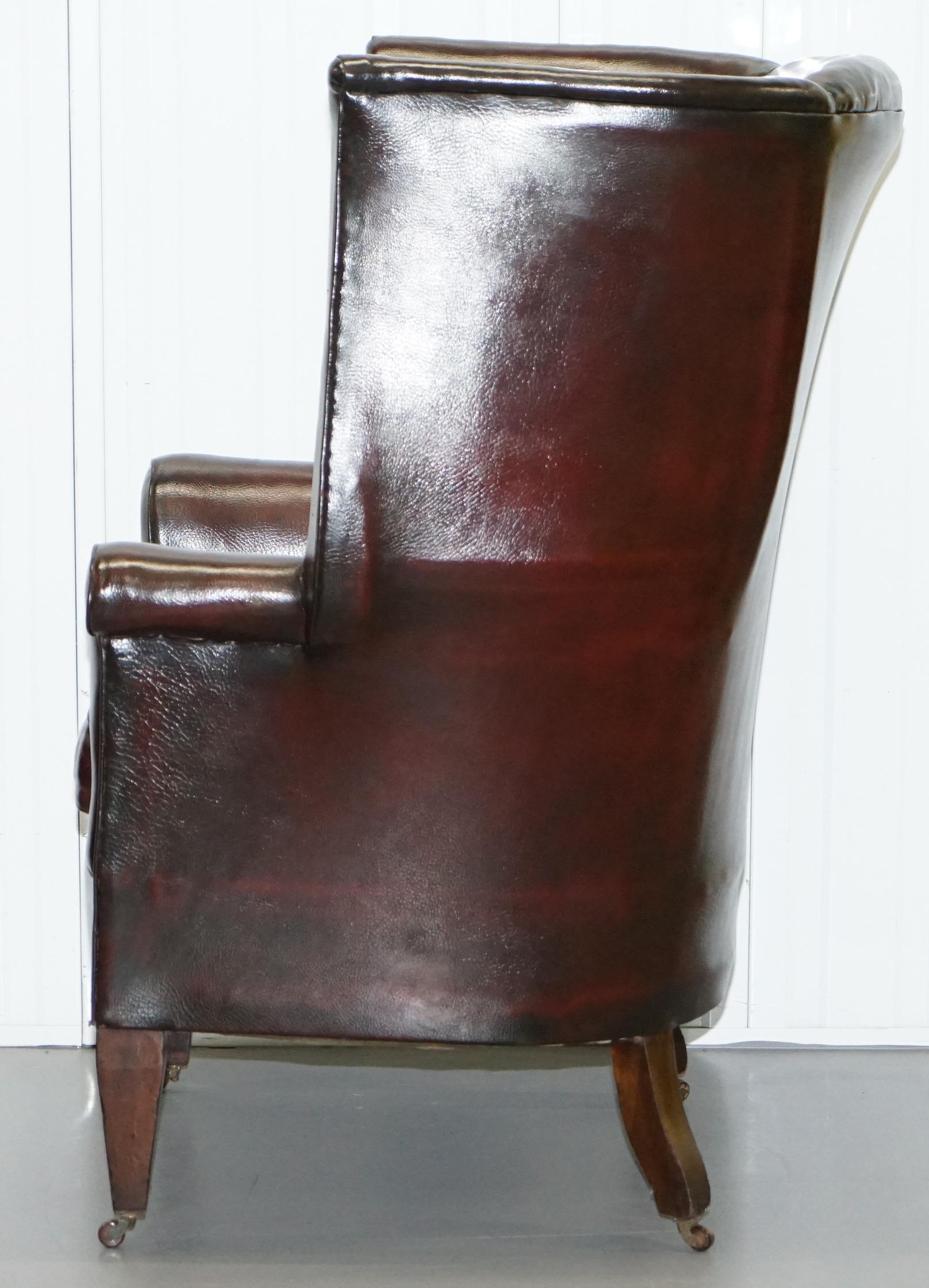 Restored Reddish Brown Hand Dyed Leather Victorian Porters Wingback Armchair 12