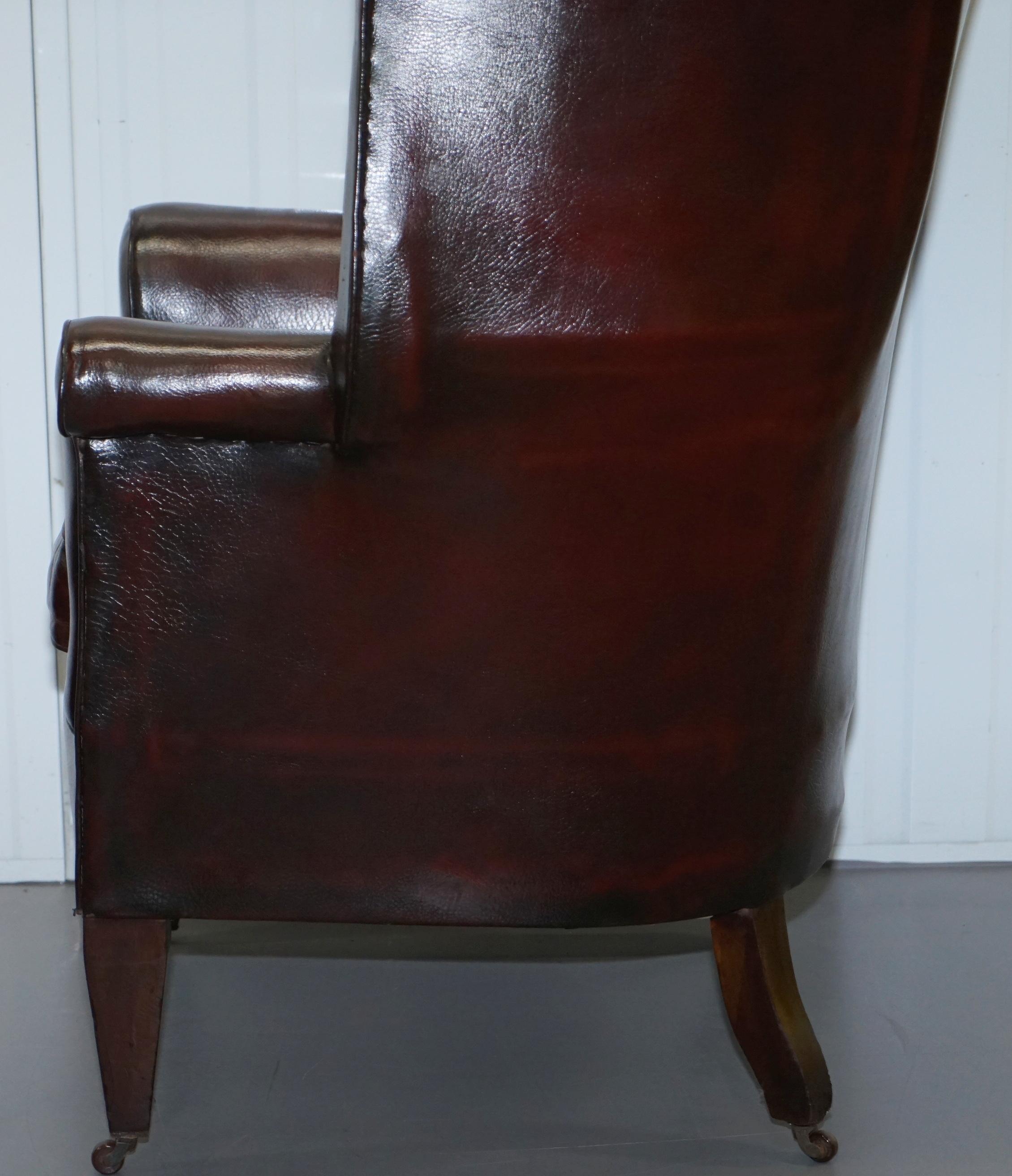 Restored Reddish Brown Hand Dyed Leather Victorian Porters Wingback Armchair 13