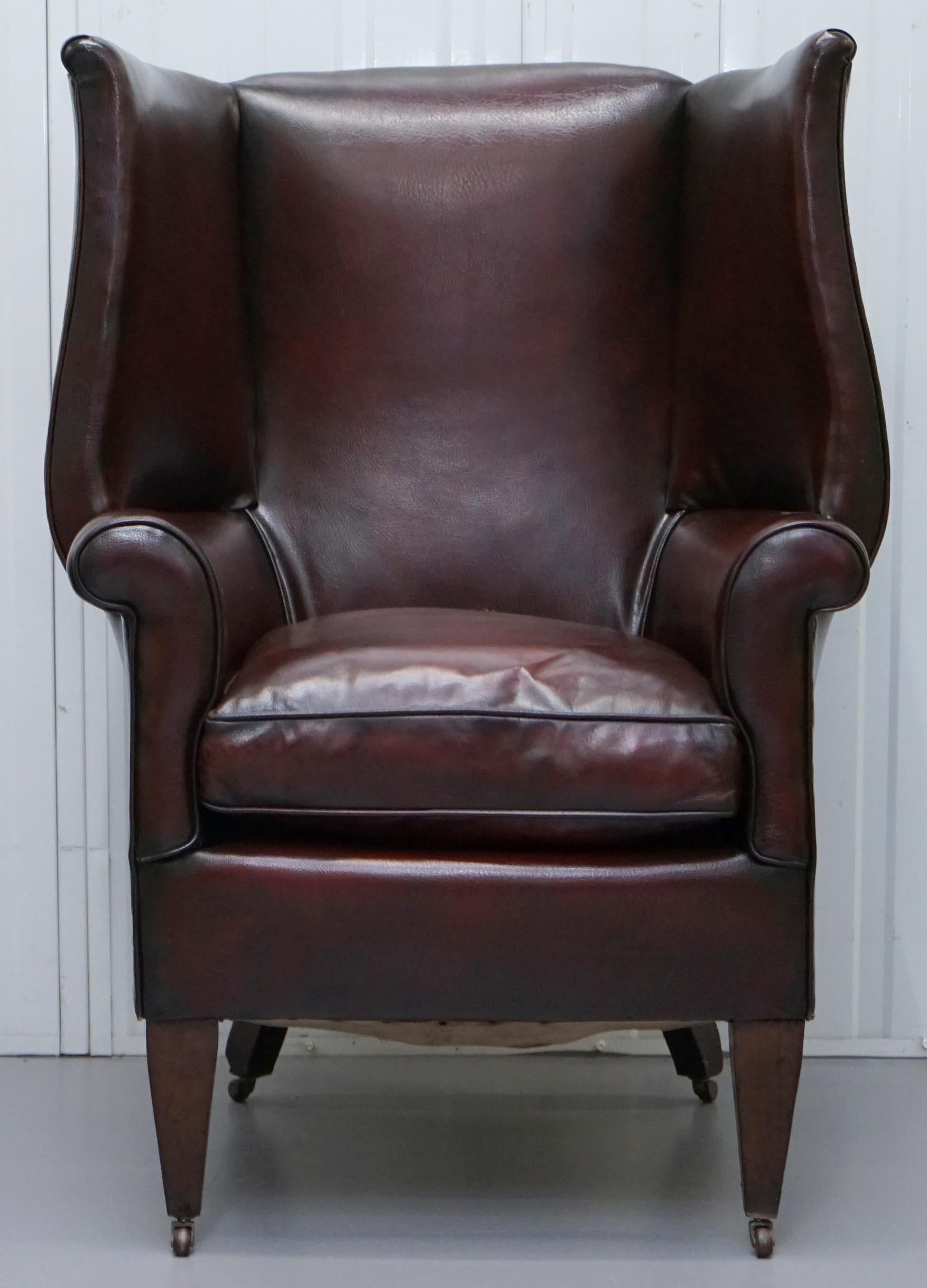 We are delighted to offer for sale this stunning fully restored dark reddish brown hand dyed leather Victorian Porters armchair

A very good looking and nicely refurbished piece, this is an original Victorian circa 1860 armchair, it has a new