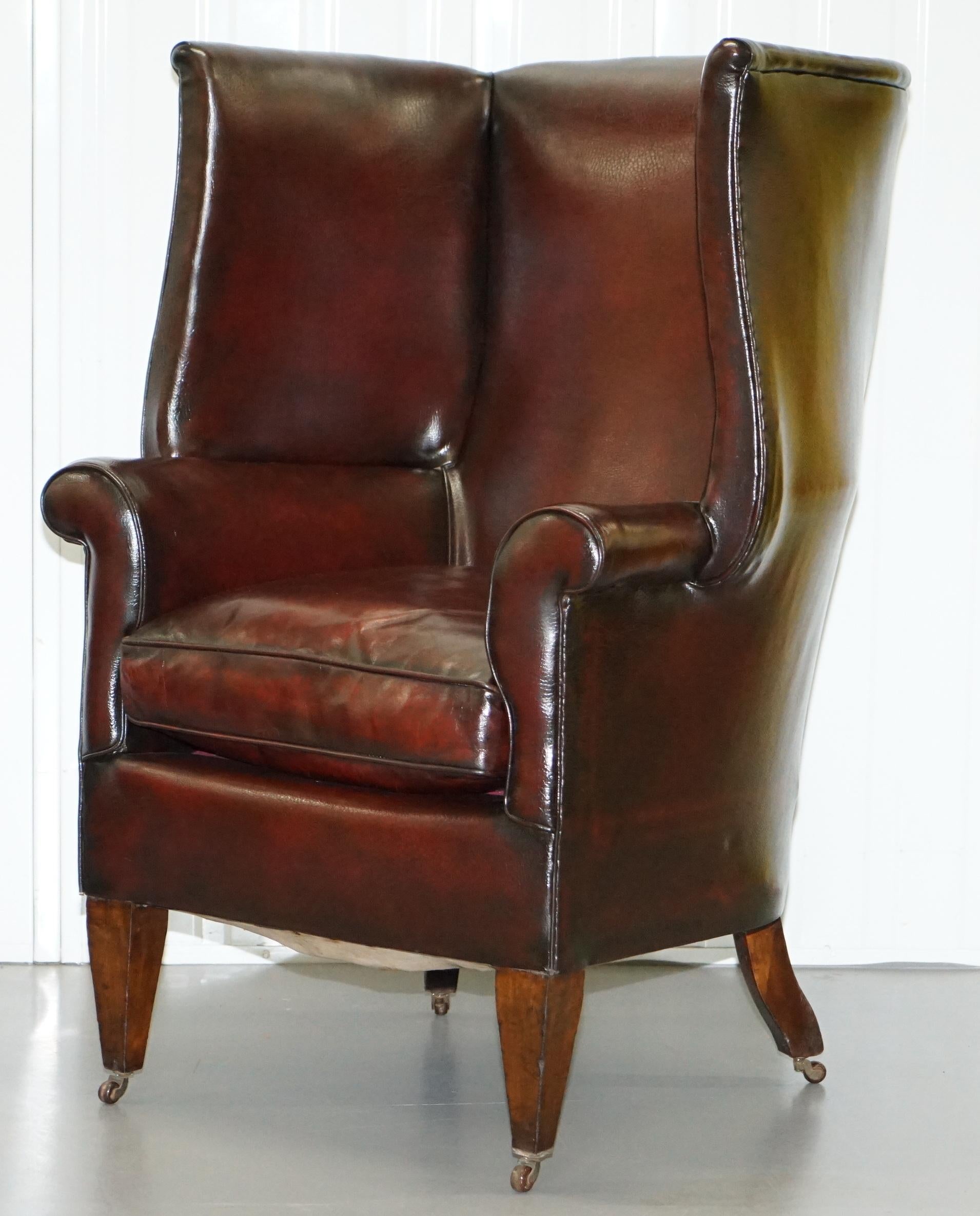 English Restored Reddish Brown Hand Dyed Leather Victorian Porters Wingback Armchair