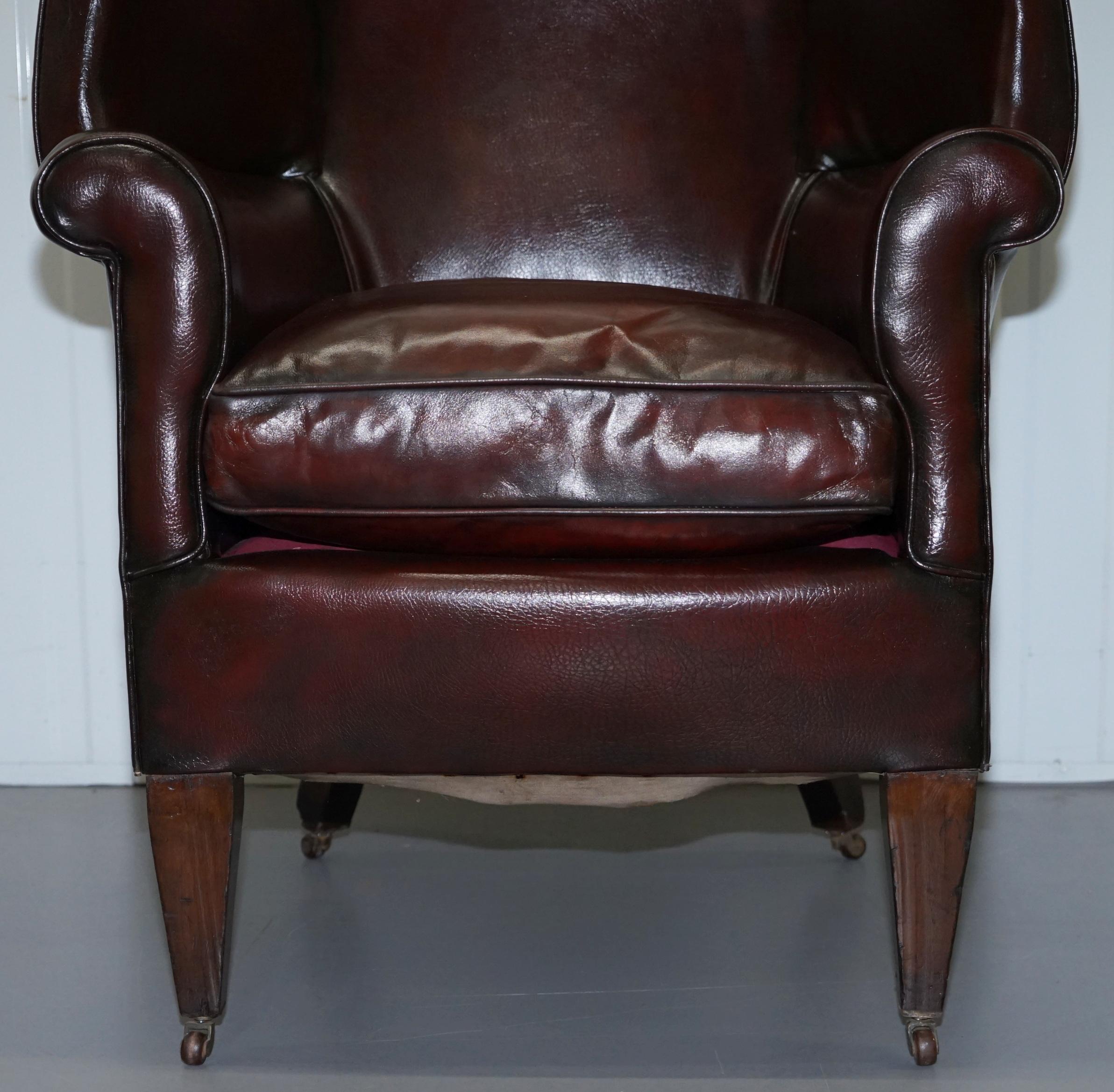 Hand-Crafted Restored Reddish Brown Hand Dyed Leather Victorian Porters Wingback Armchair