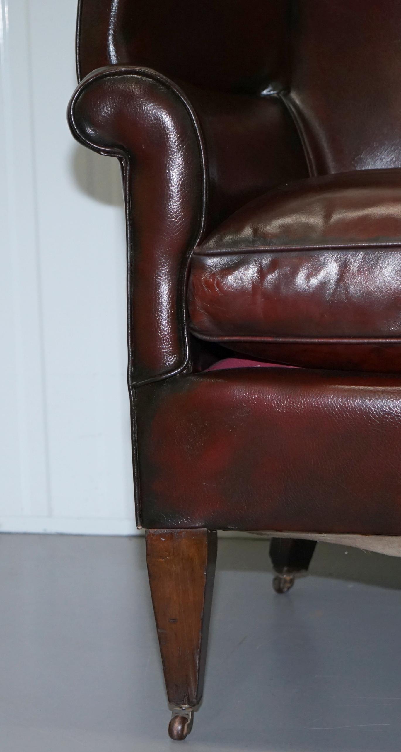 Mid-19th Century Restored Reddish Brown Hand Dyed Leather Victorian Porters Wingback Armchair