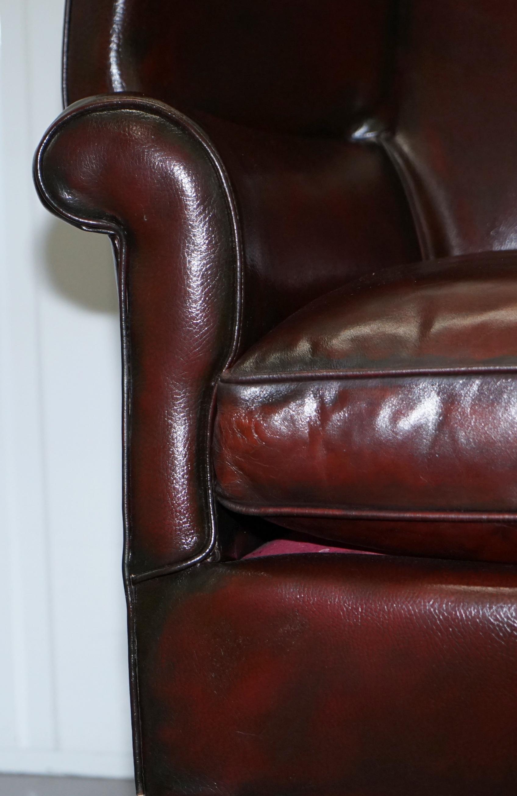 Restored Reddish Brown Hand Dyed Leather Victorian Porters Wingback Armchair 1