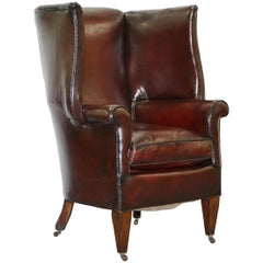 Antique Restored Reddish Brown Hand Dyed Leather Victorian Porters Wingback Armchair