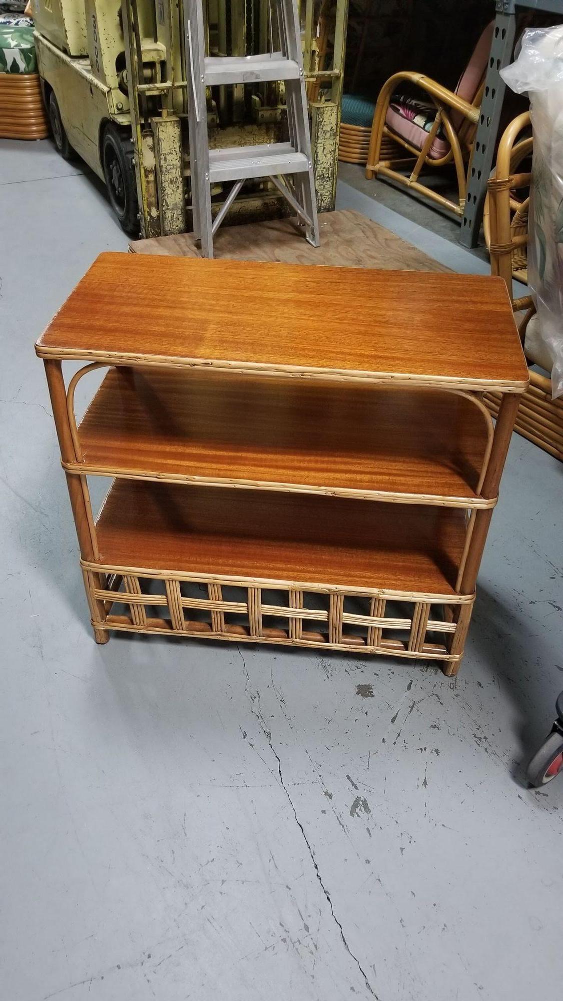 Restored Reed Rattan and Mahogany Bookcase Console Table In Excellent Condition For Sale In Van Nuys, CA