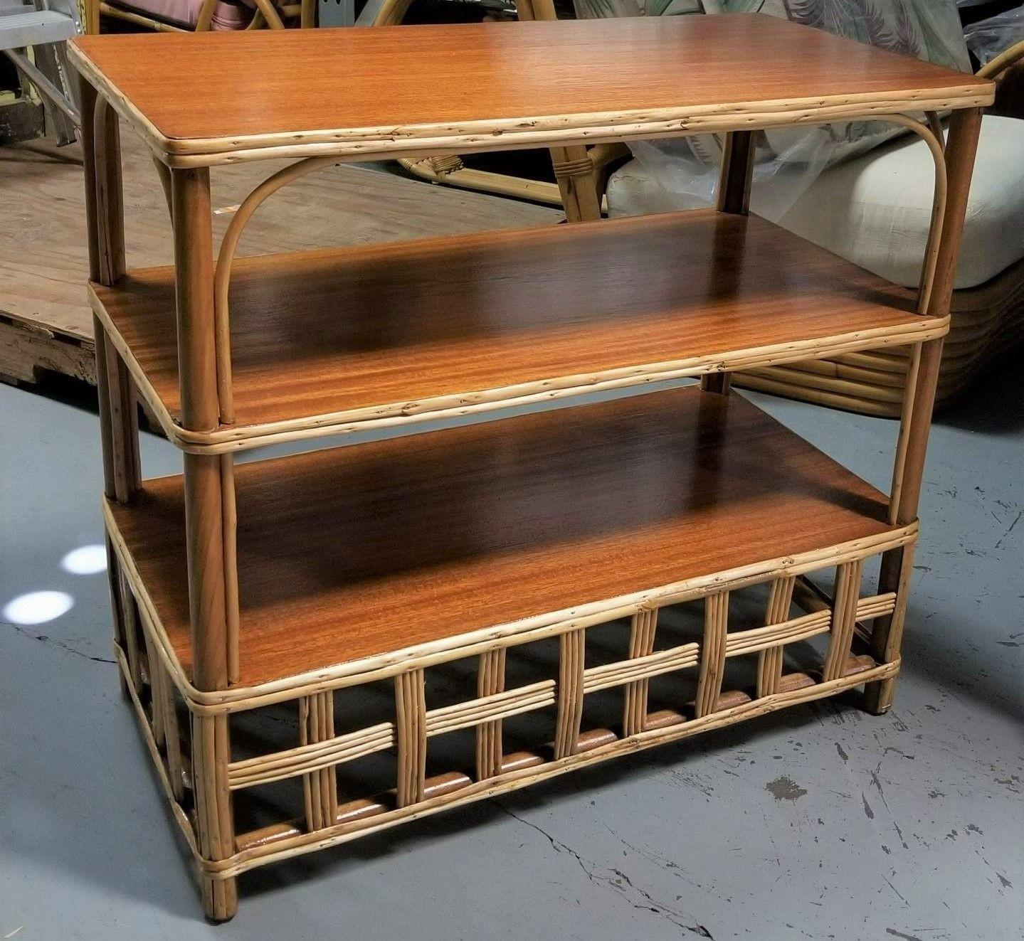 20th Century Restored Reed Rattan and Mahogany Bookcase Console Table For Sale