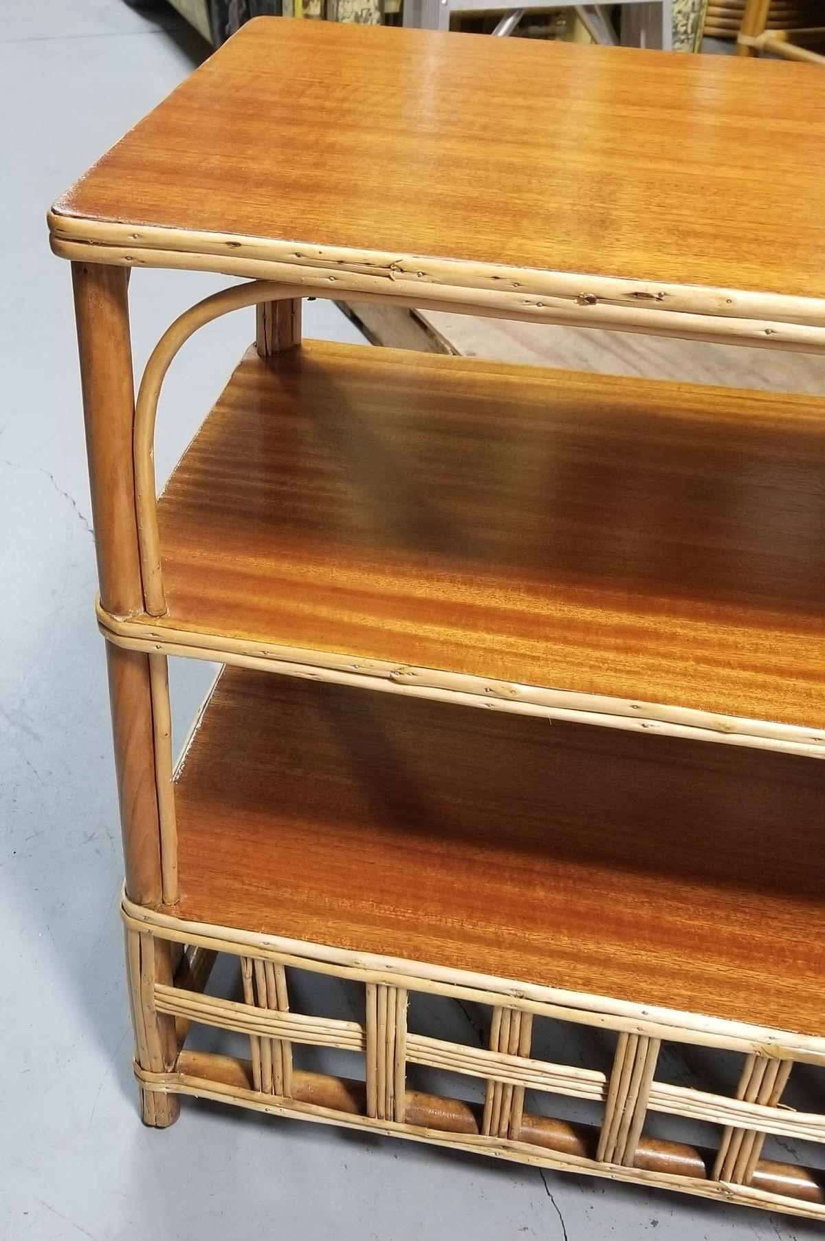 Restored Reed Rattan and Mahogany Bookcase Console Table For Sale 2
