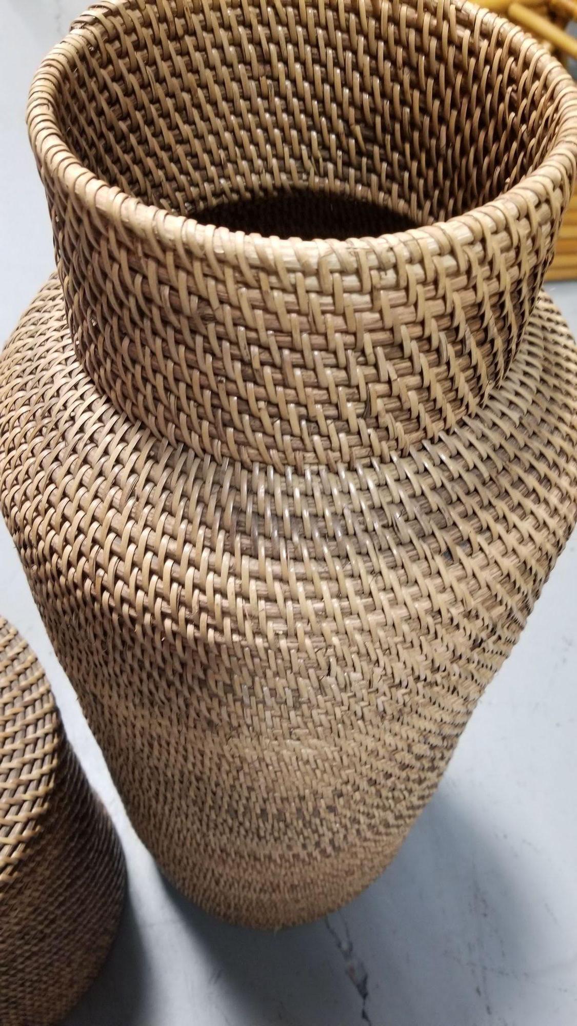 Restored Reed Rattan Wicker Decorative Vases Gabriella Crespi Styled - Pair of 2 For Sale 1